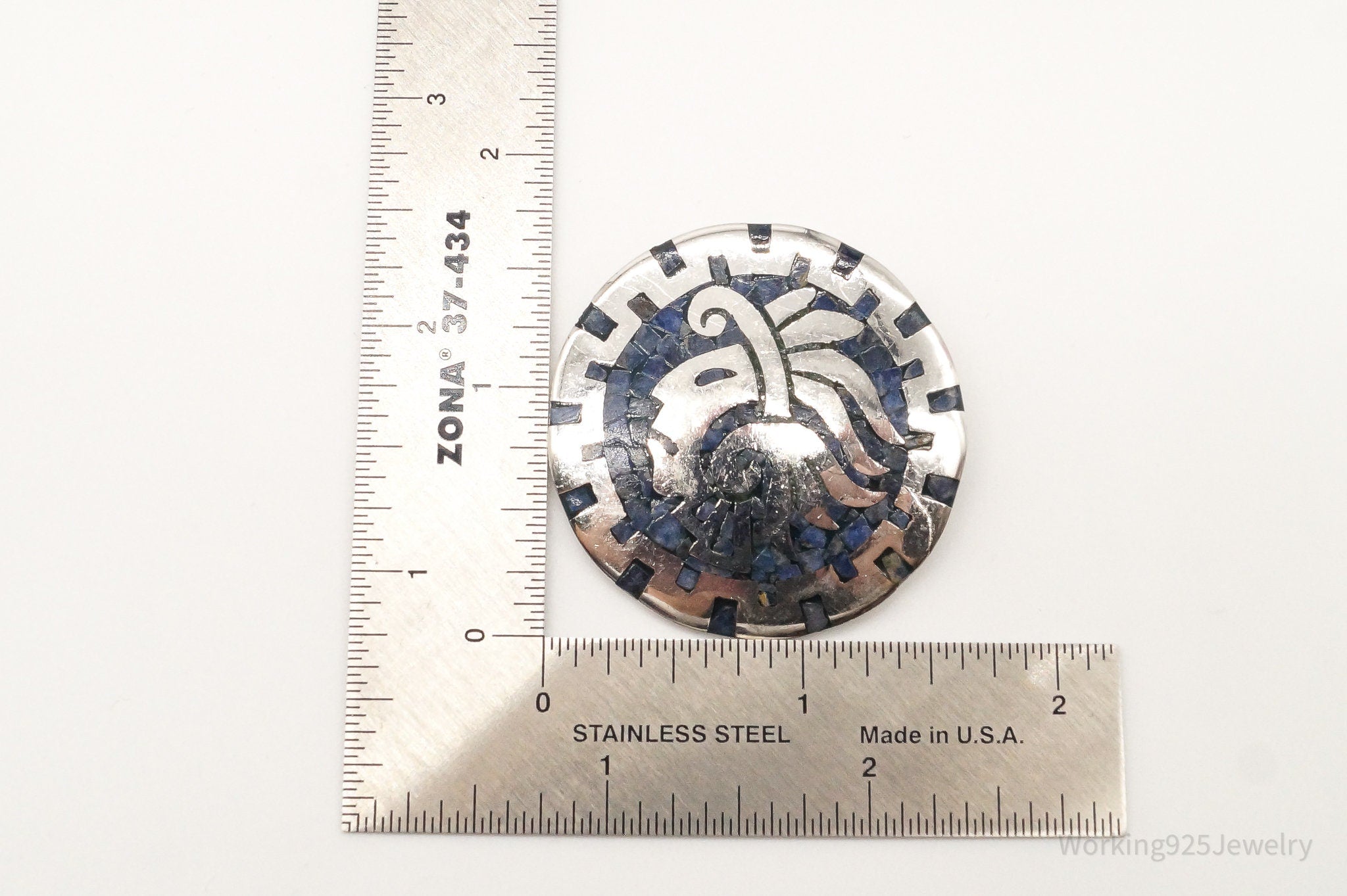 Vintage Mexico Handmade Sodalite Inlay Aztec Sterling Silver Pendant Pin