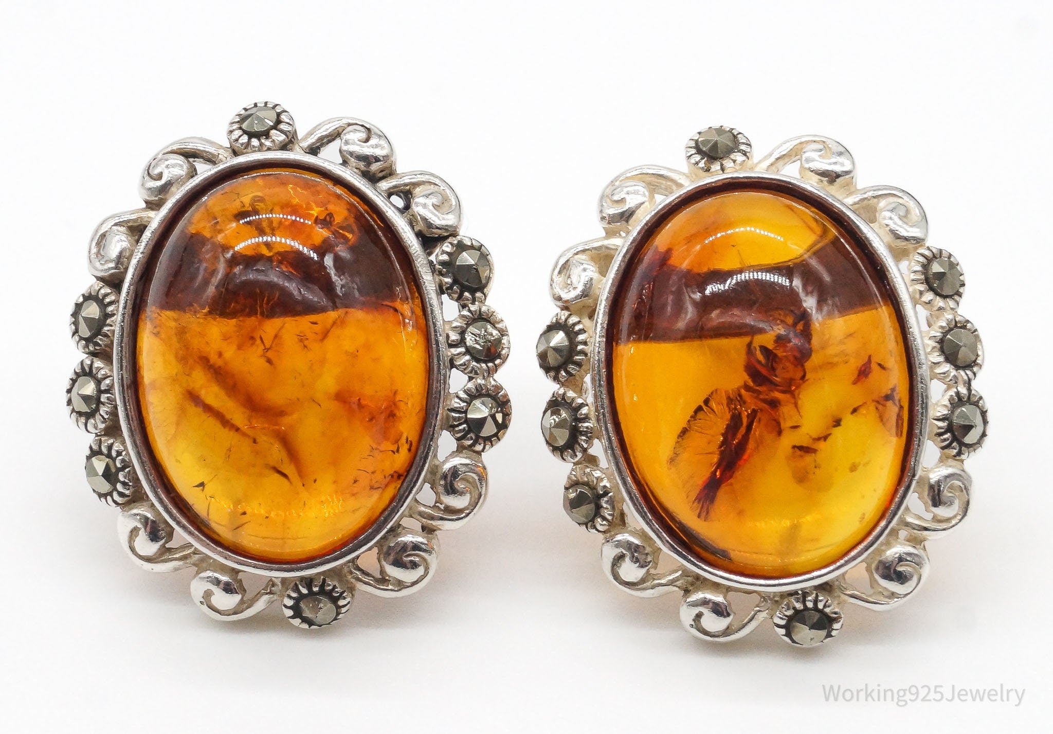 Vintage Amber Marcasite Sterling Silver Earrings