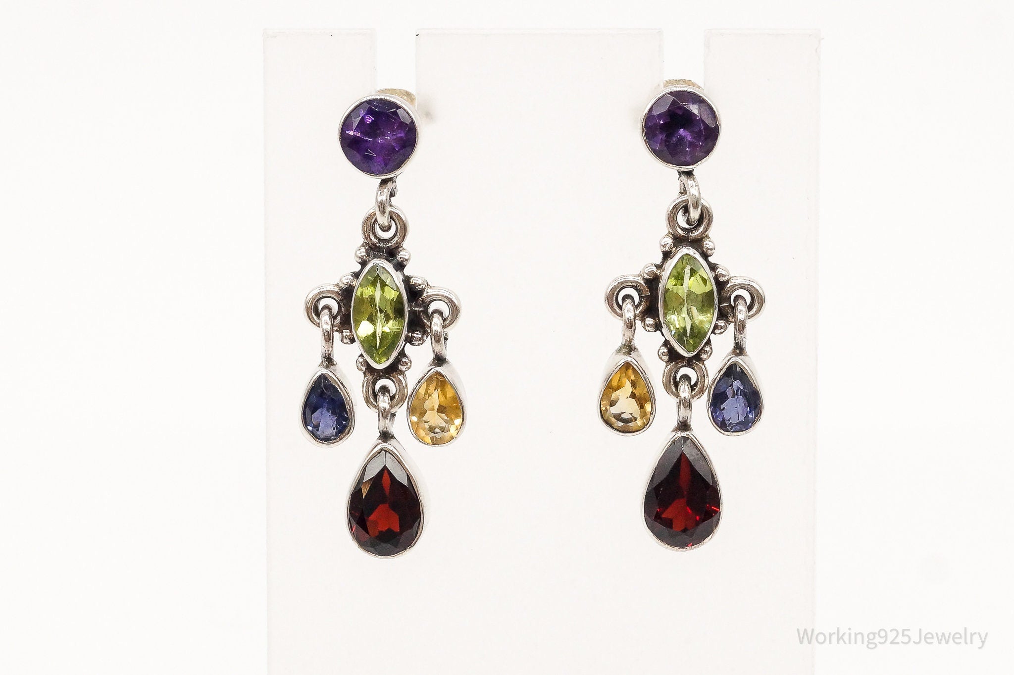 Vintage Multi Gemstone Bali Style Sterling Silver Earrings