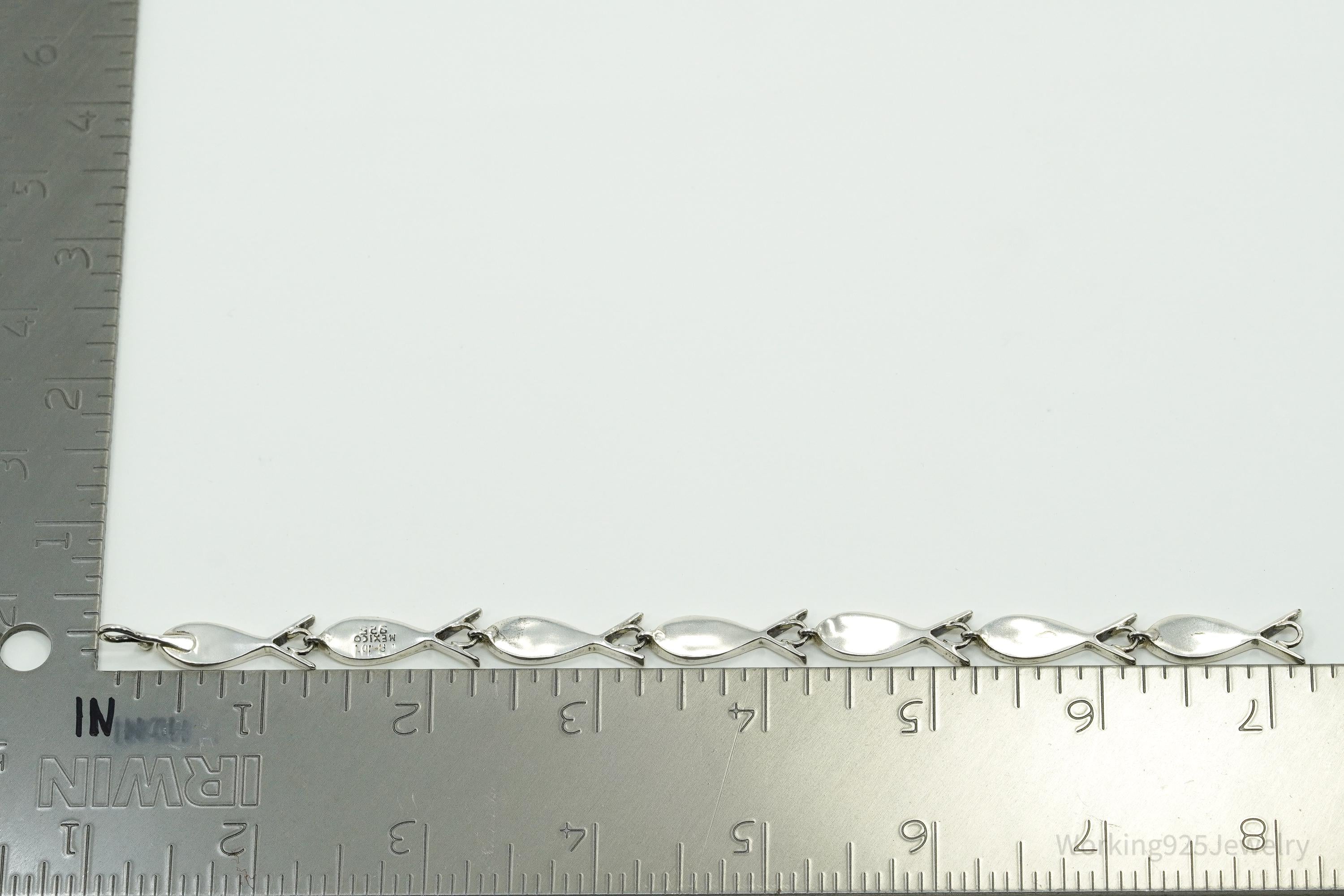 Vintage Mexico Blue Turquoise Inlay Fish Pattern Sterling Silver Bracelet - 7.25"