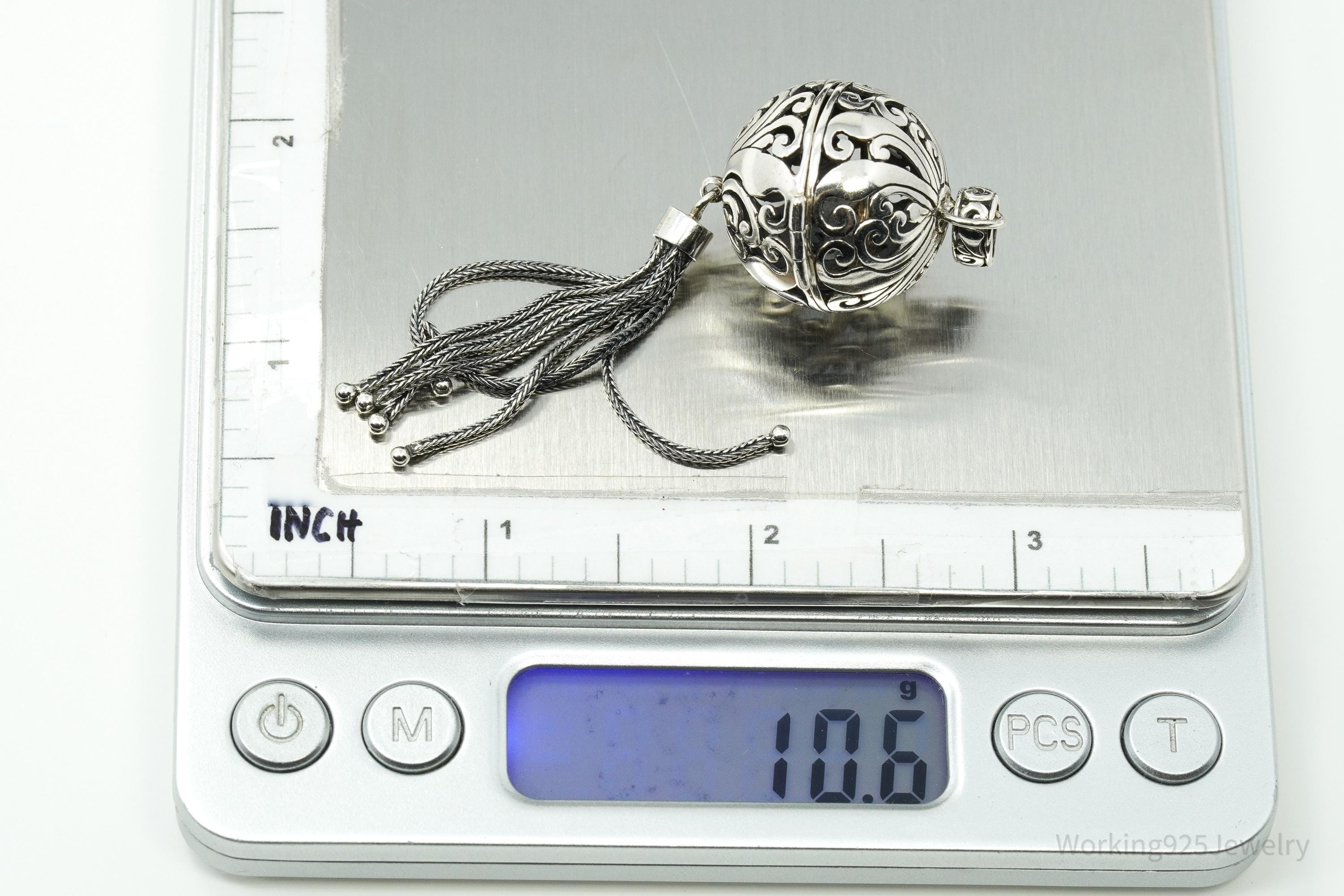 Large Vintage ATI Ornate Ball Dome Cage Sterling Silver Necklace Pendant
