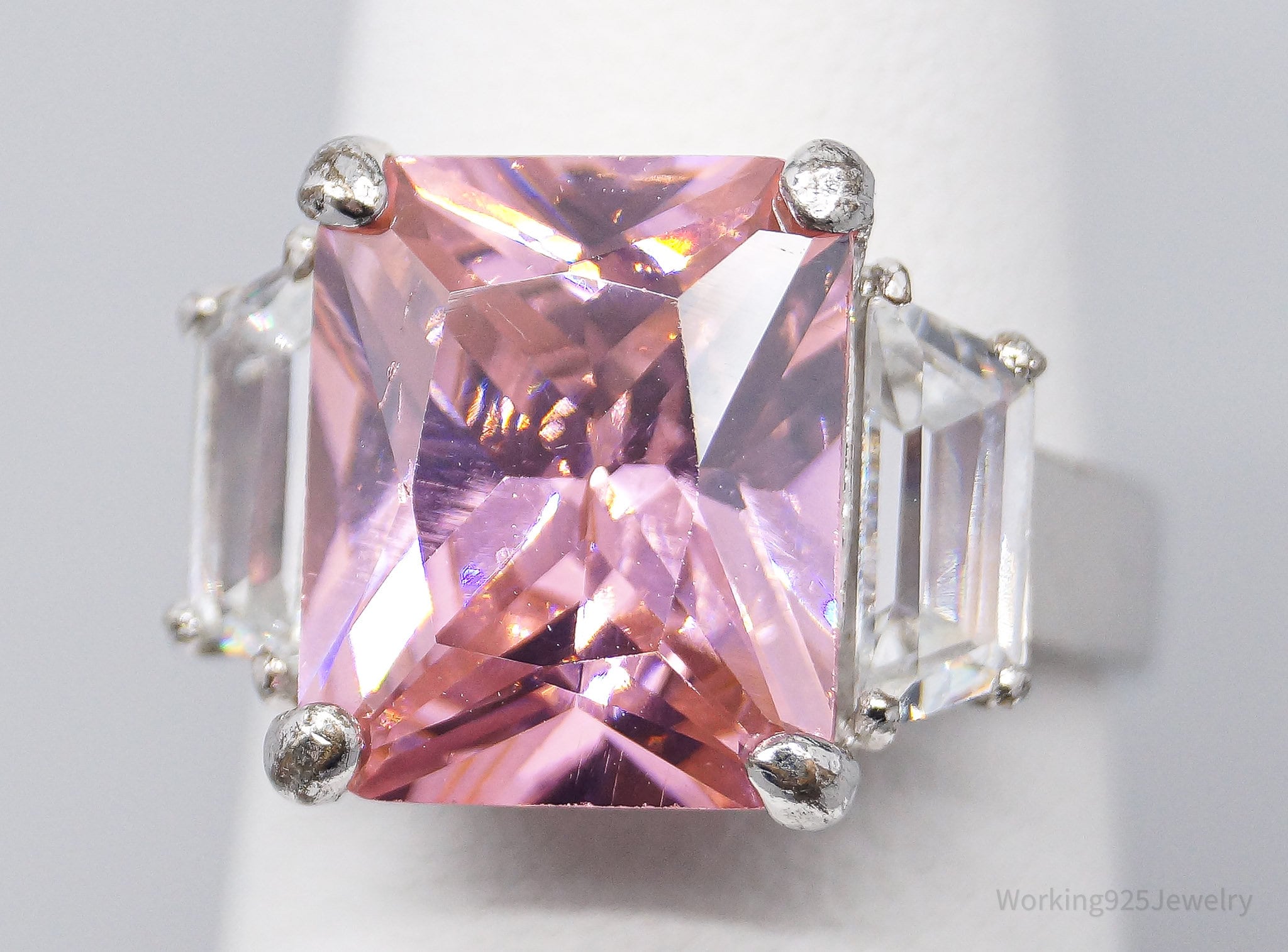 Vintage Large Pink & White Cubic Zirconia Rhodium Over Sterling Silver Ring - Size 6