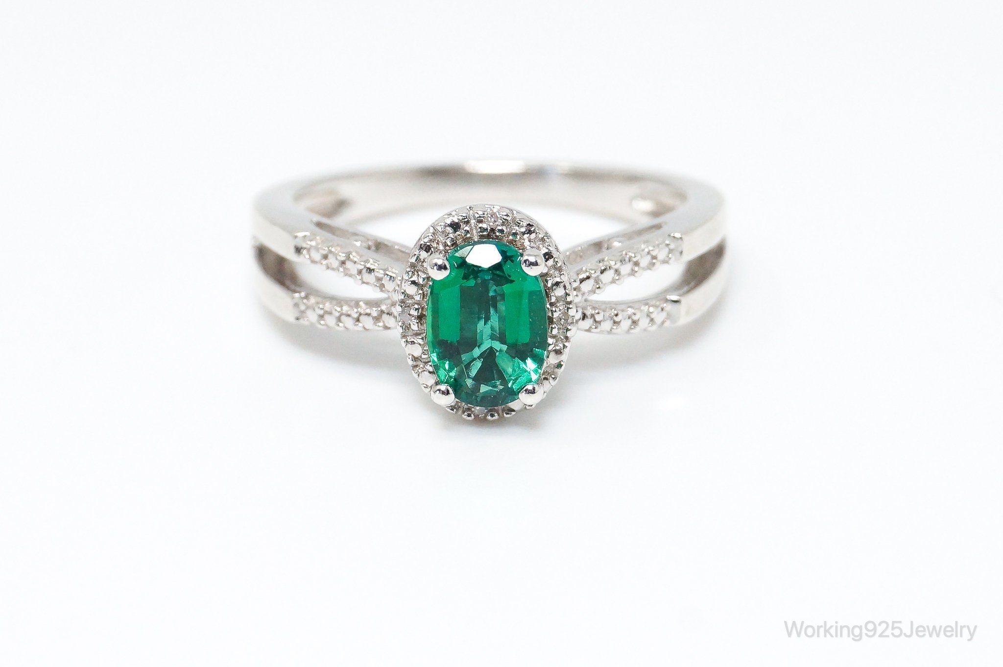 Vintage Simulated Emerald CZ Accented Sterling Silver Ring SZ 7