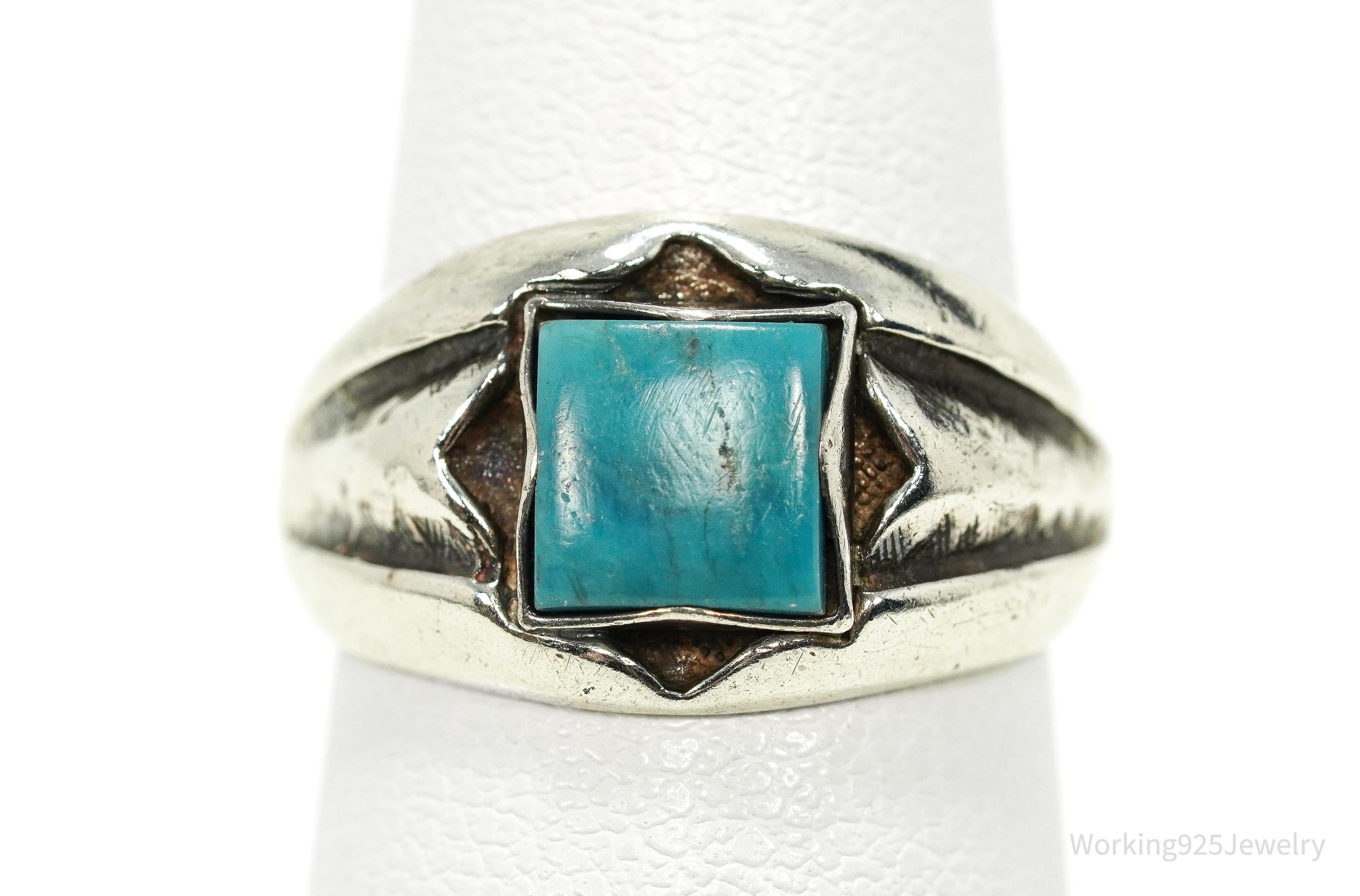 Vintage Native American Signed JP Turquoise Sterling Silver Ring - Size 6.25