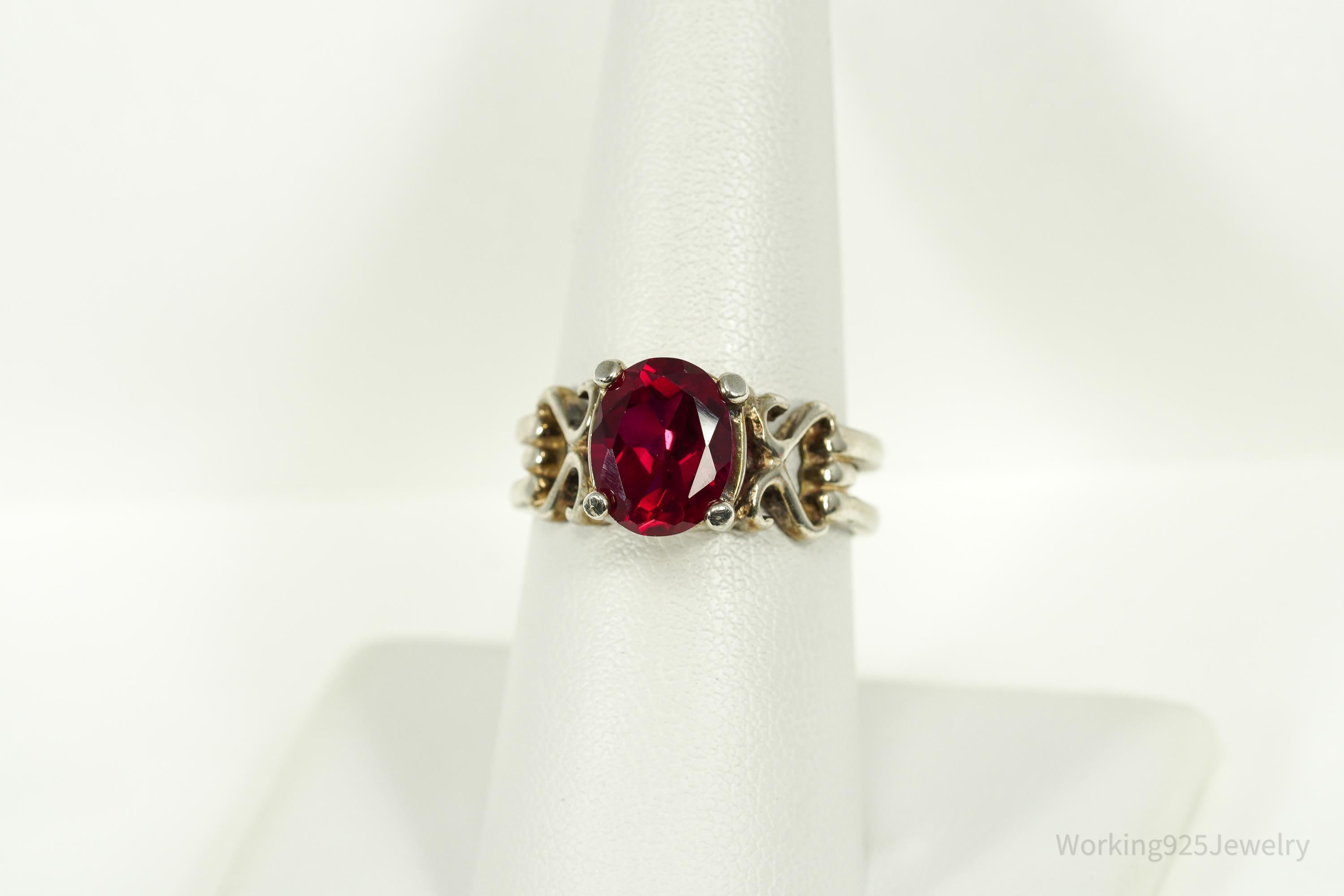 Vintage Lab Ruby Sterling Silver Ring - Size 8.25