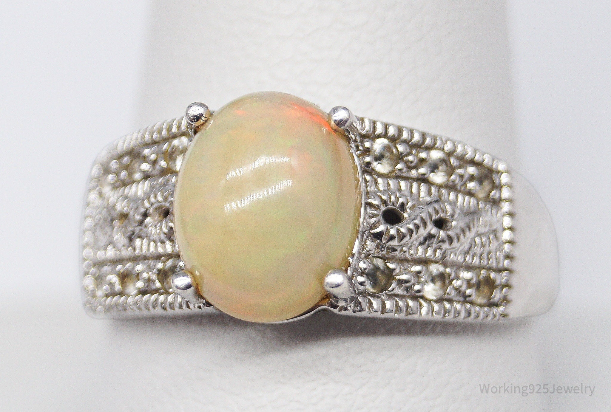 Vintage Opal White Topaz Sterling Silver Ring - Size 9.75