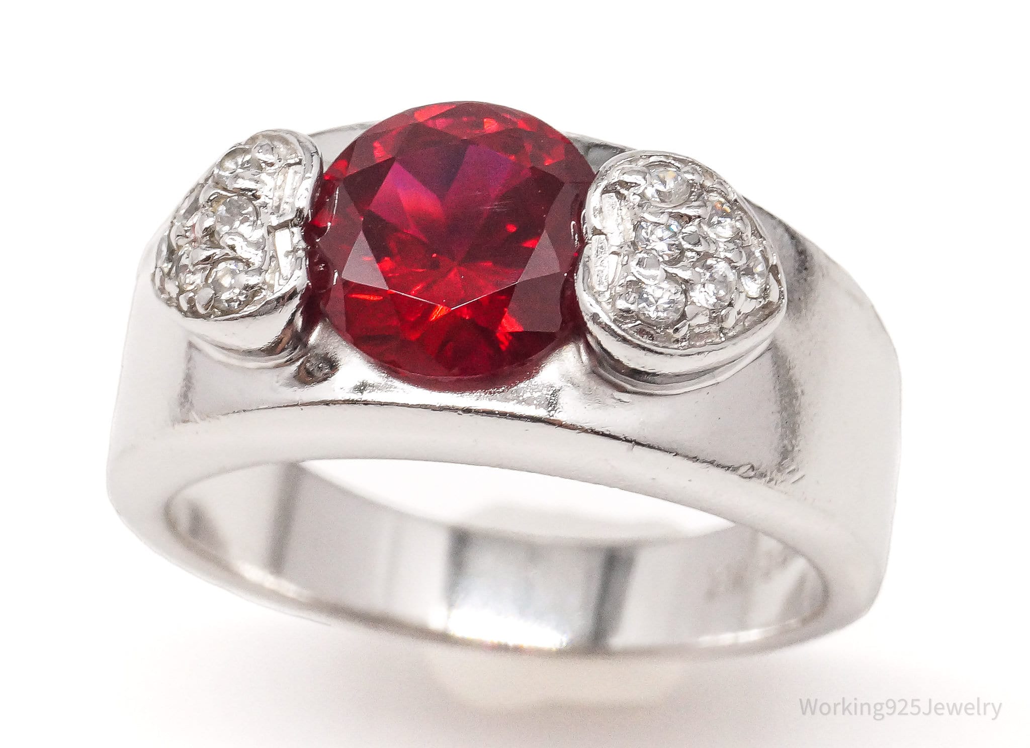 Vintage Lab Ruby Cubic Zirconia Sterling Silver Ring - Size 7.75