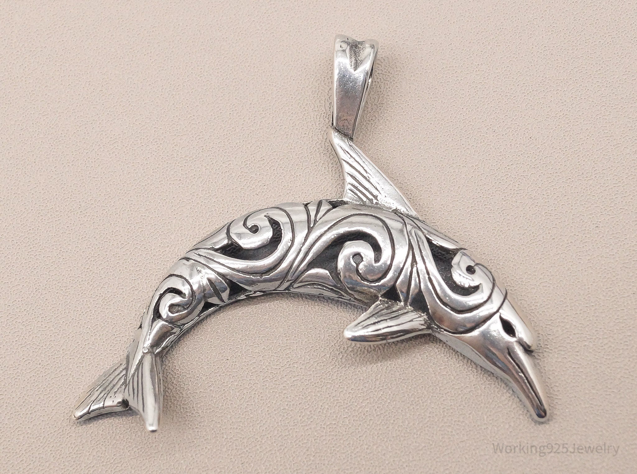 Vintage Large Scroll Dolphin Sterling Silver Pendant