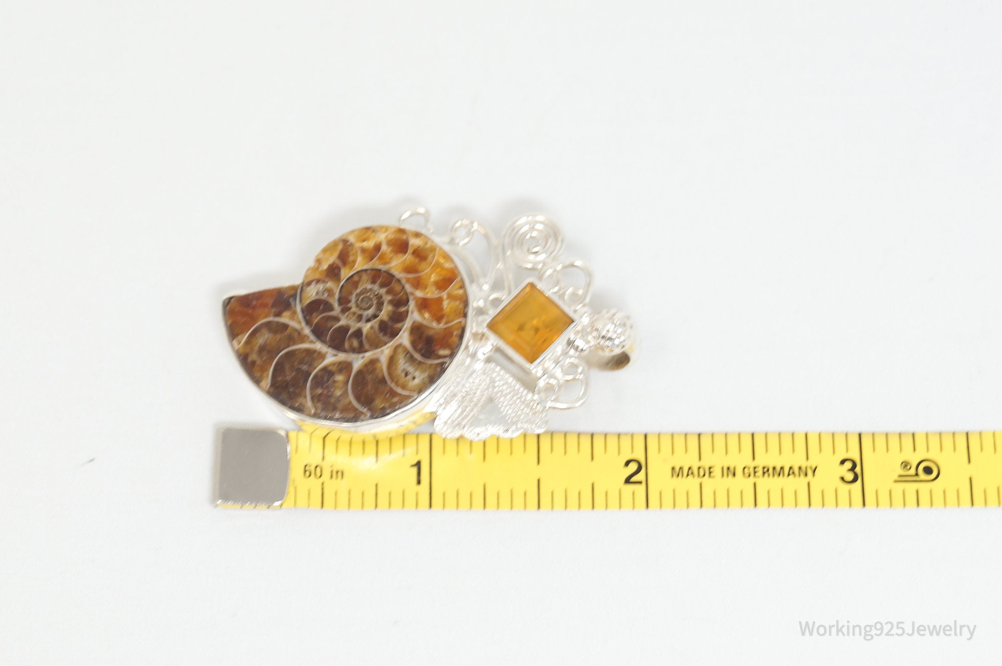 Vintage Large Ammonite Fossil Shell Citrine Sterling Silver Necklace Pendant