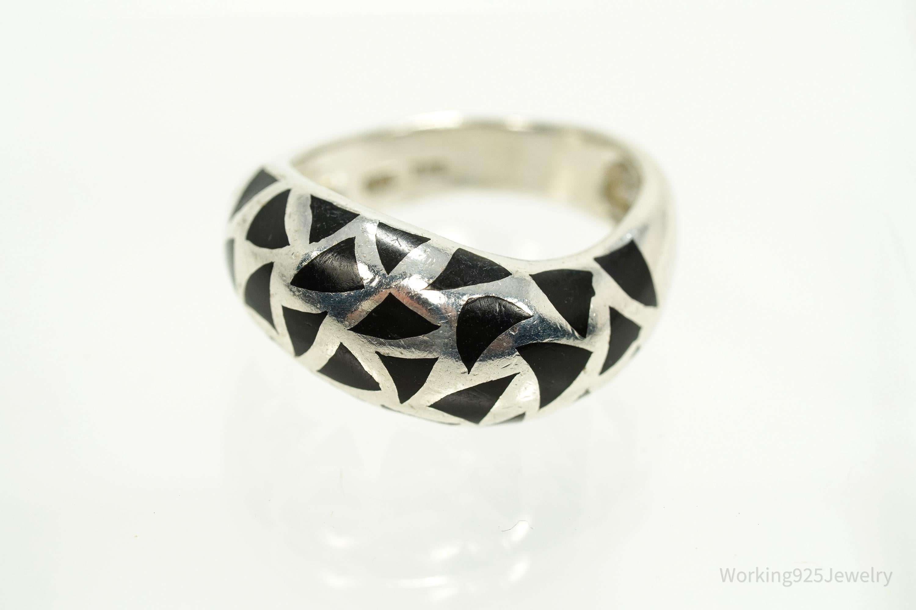 Vintage Black Enamel Shapes Design Sterling Silver Ring - Size 8