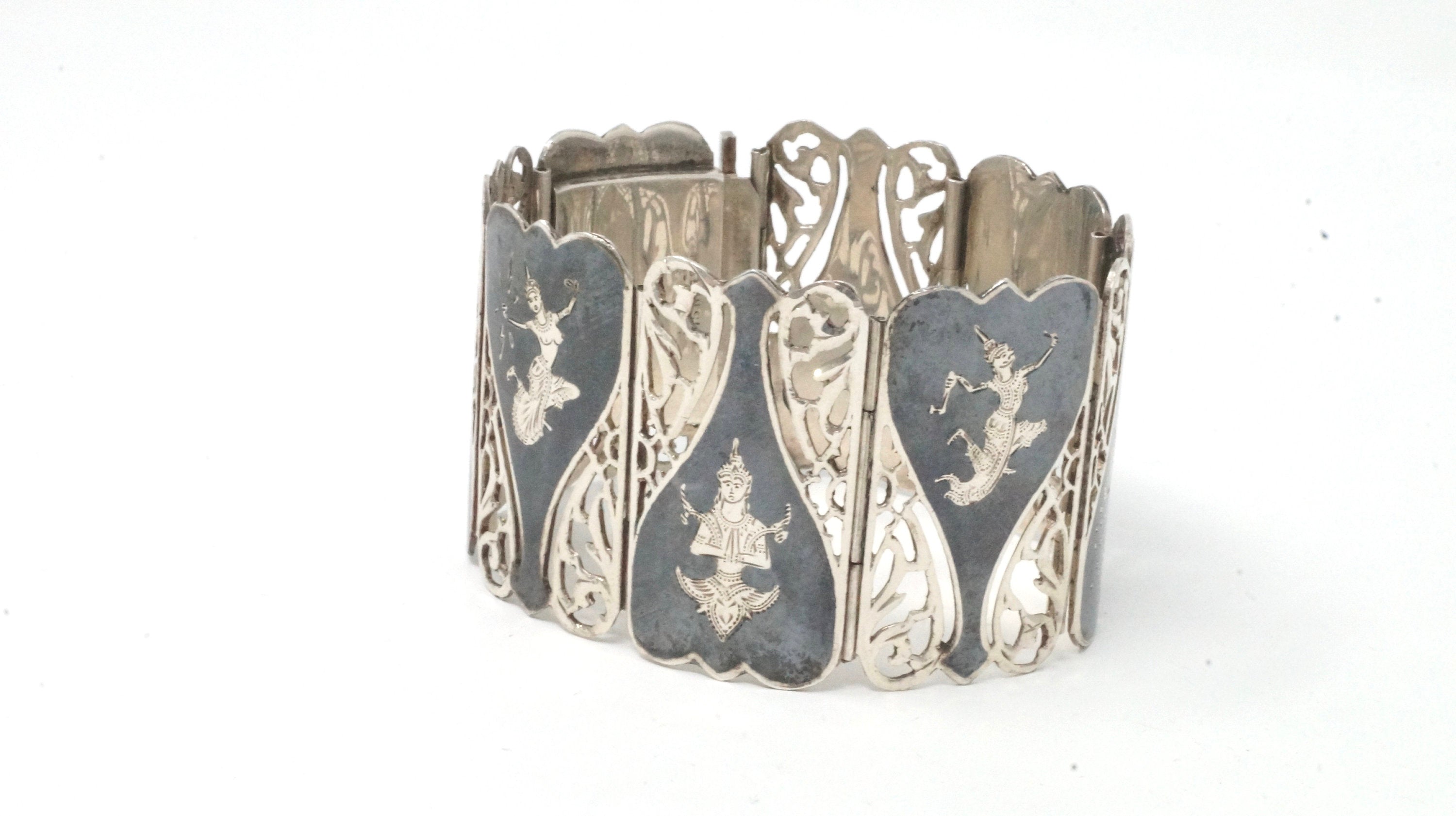 Vintage SIAM NIALLO Thai Dancer Panel Enamel Sterling Silver Cuff Bracelet