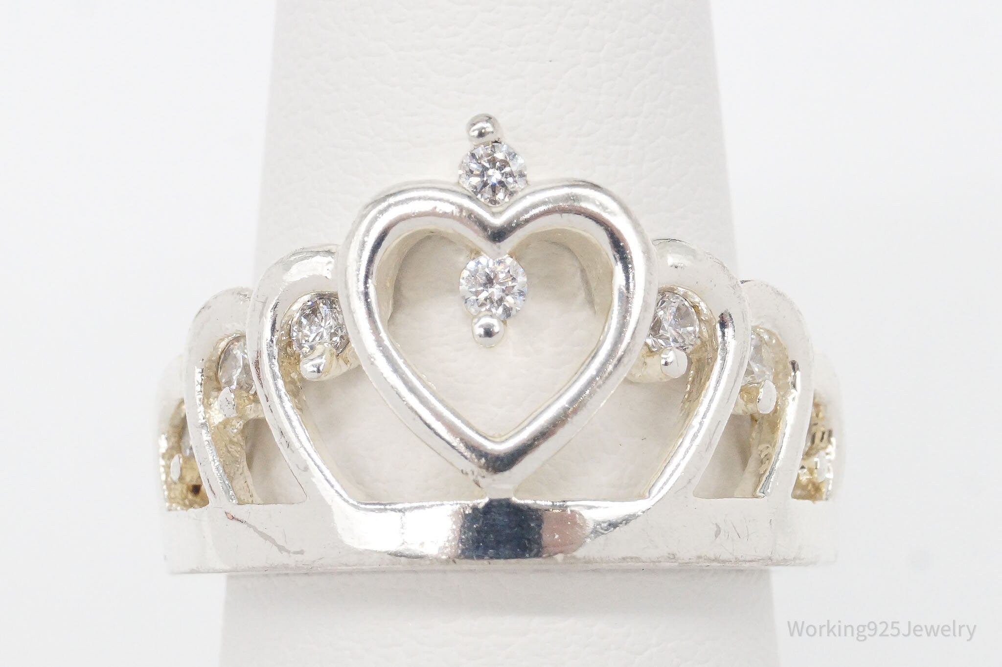 Vintage Cubic Zirconia Princess Tiara Crown Sterling Silver Ring - Size 7.75