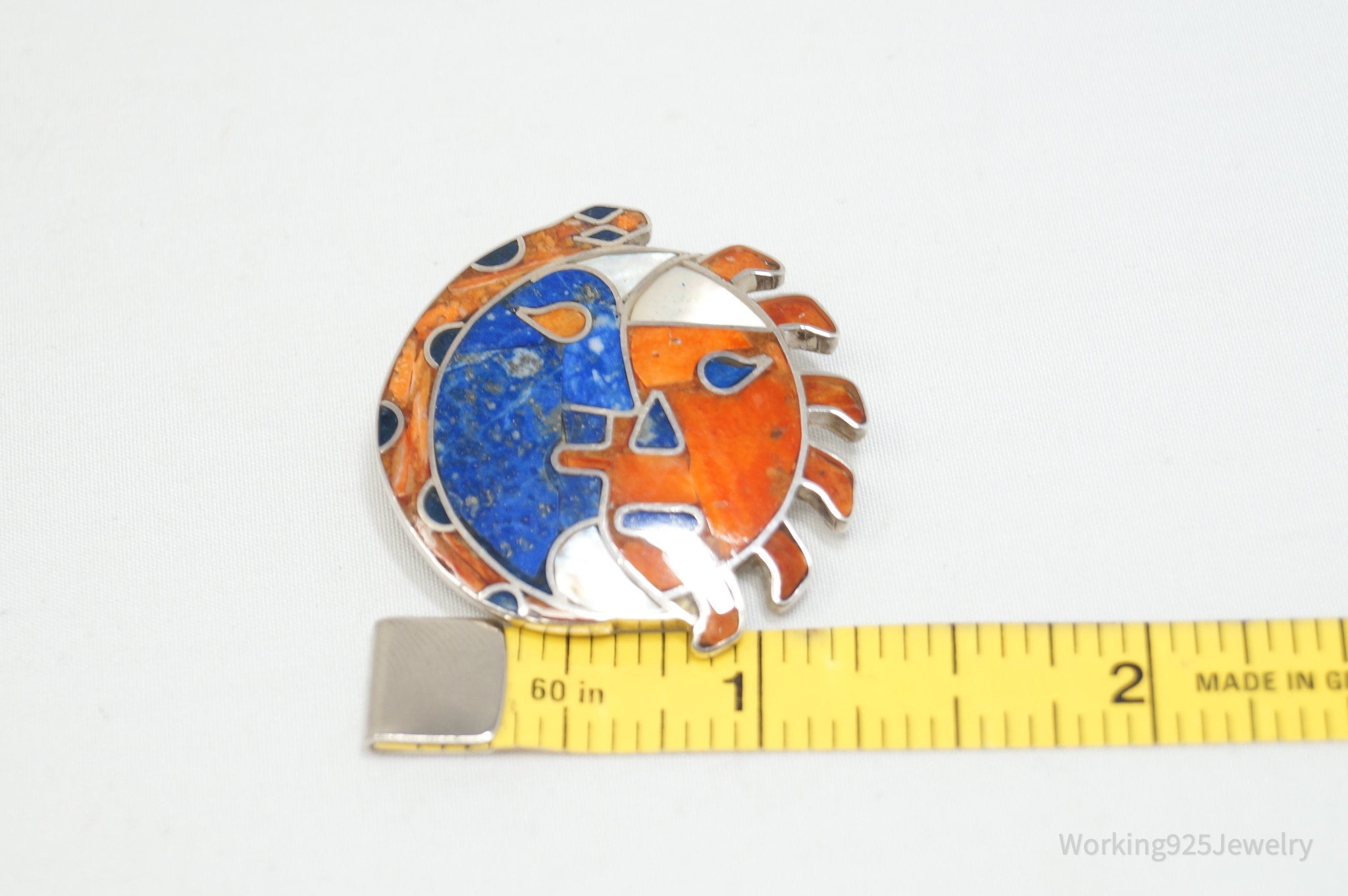 Vtg Large Handmade Mexico Sun Moon 950 Silver Southwestern Brooch Pendant