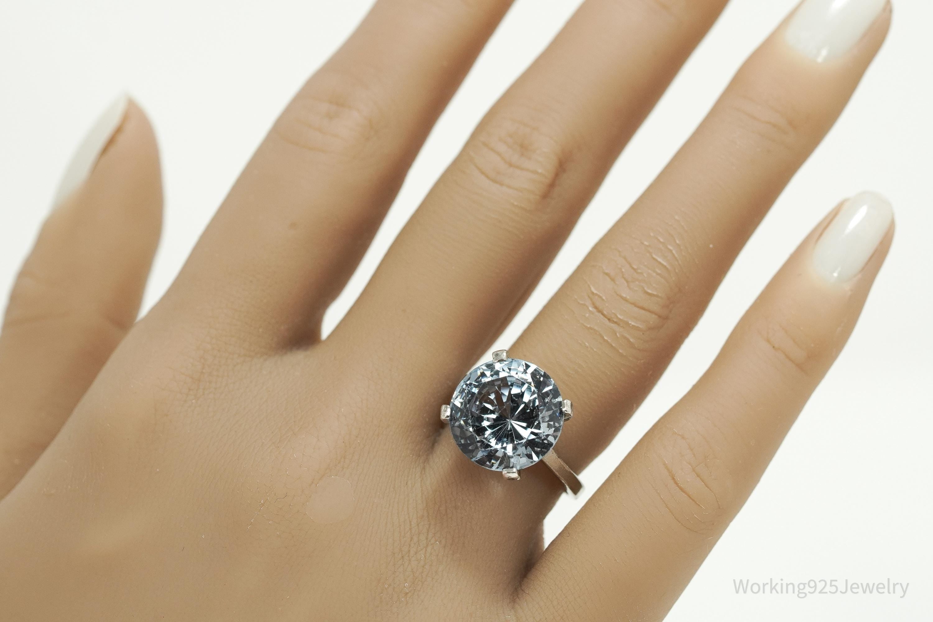 Vintage Large Light Blue Spinel Sterling Silver Rhodium Plated Ring - Size 7.25