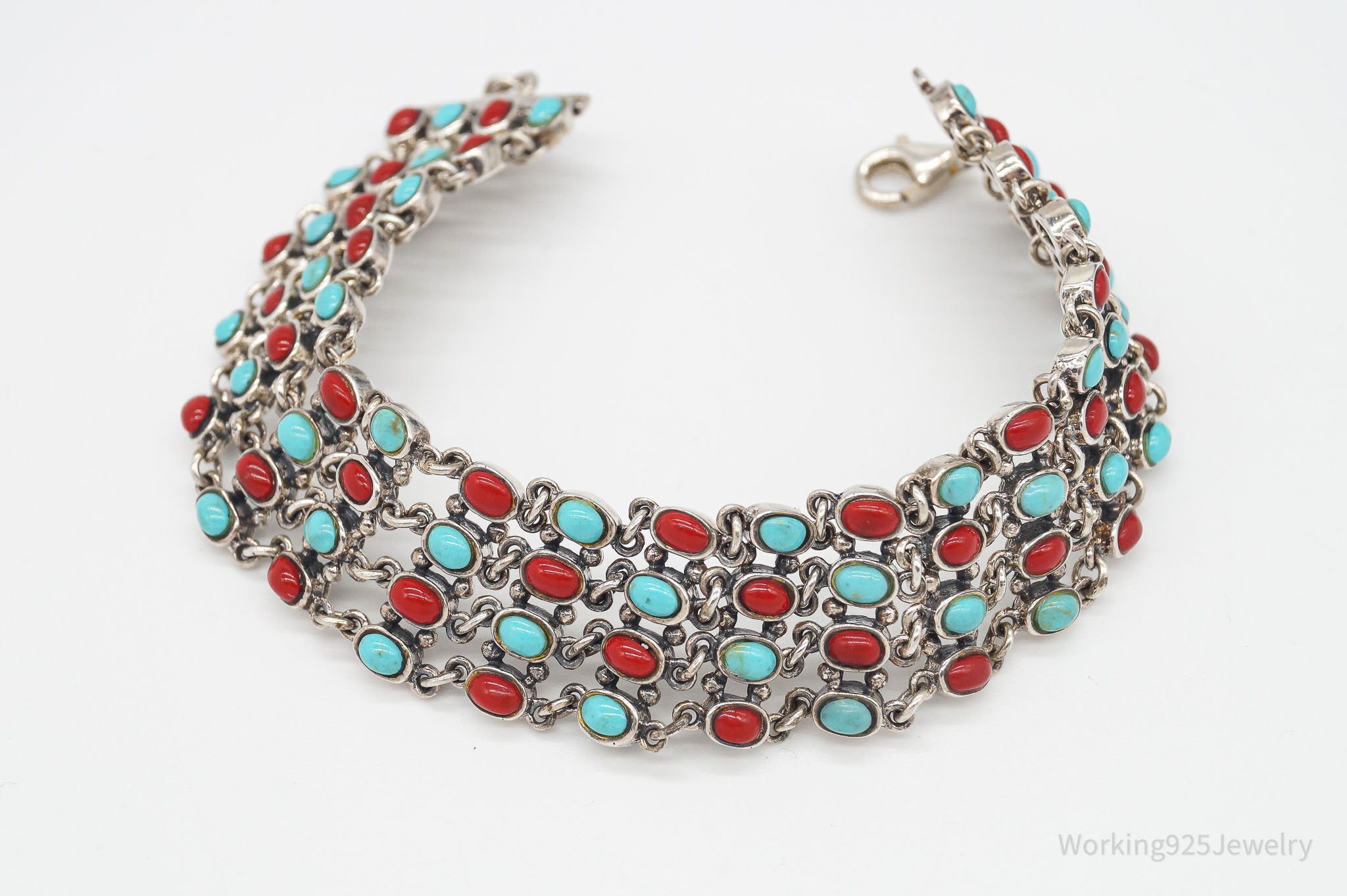 Vintage Turquoise Coral Sterling Silver Bracelet