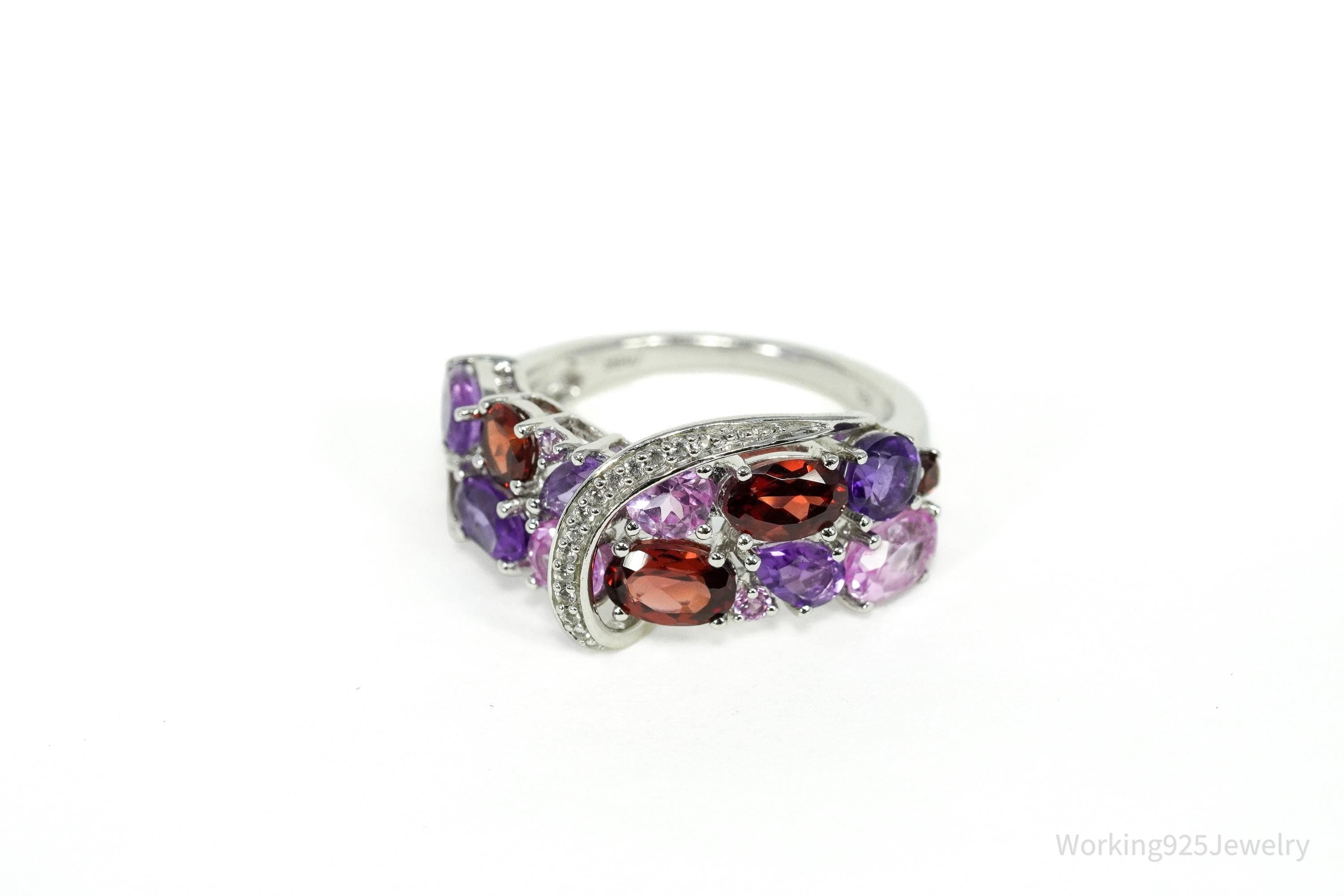Multi-Shape Garnet, Amethyst, Pink & White Sapphire Sterling Silver Ring Size 7