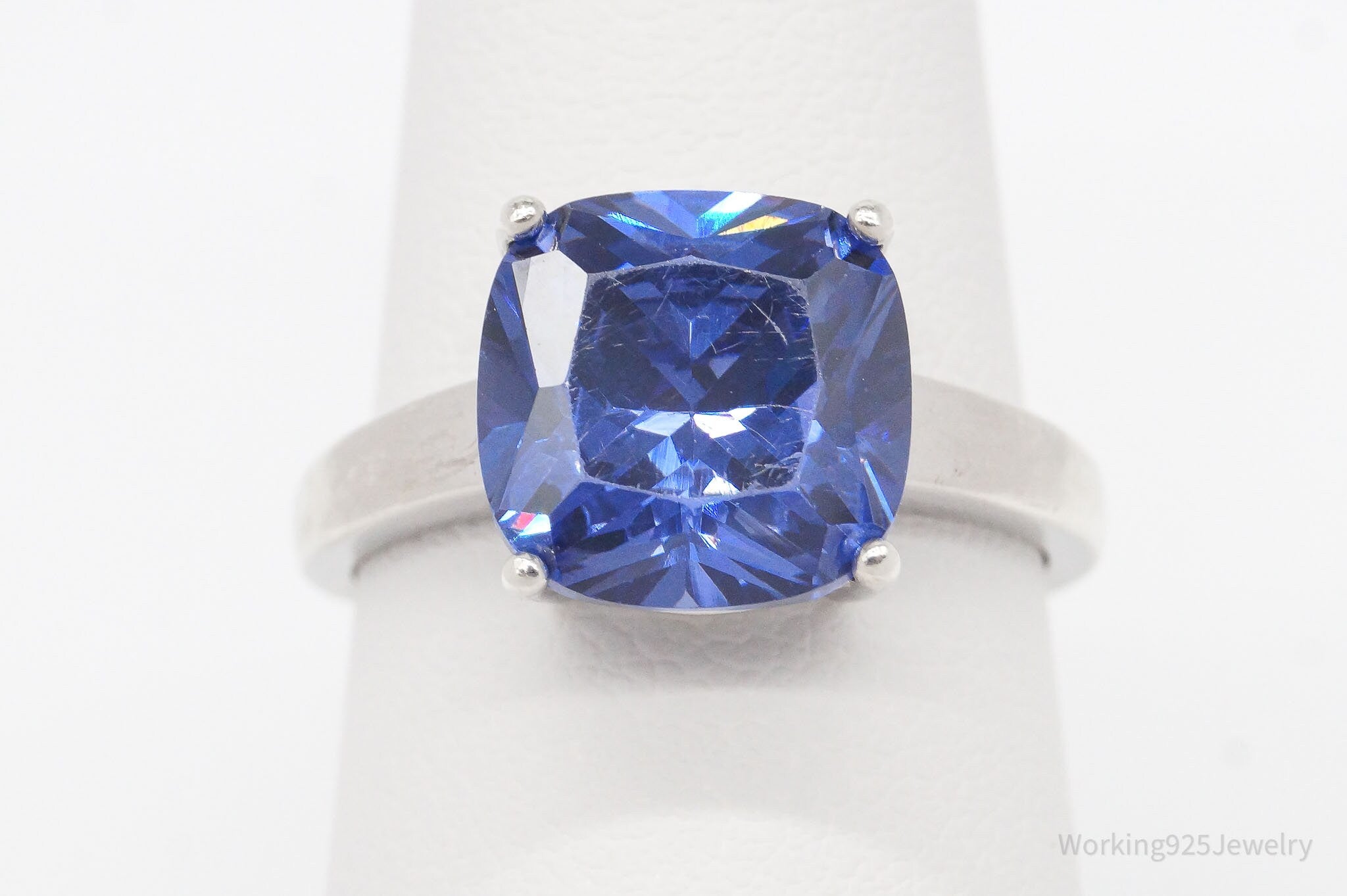 Vintage Large Blue Cubic Zirconia Sterling Silver Ring Size 7