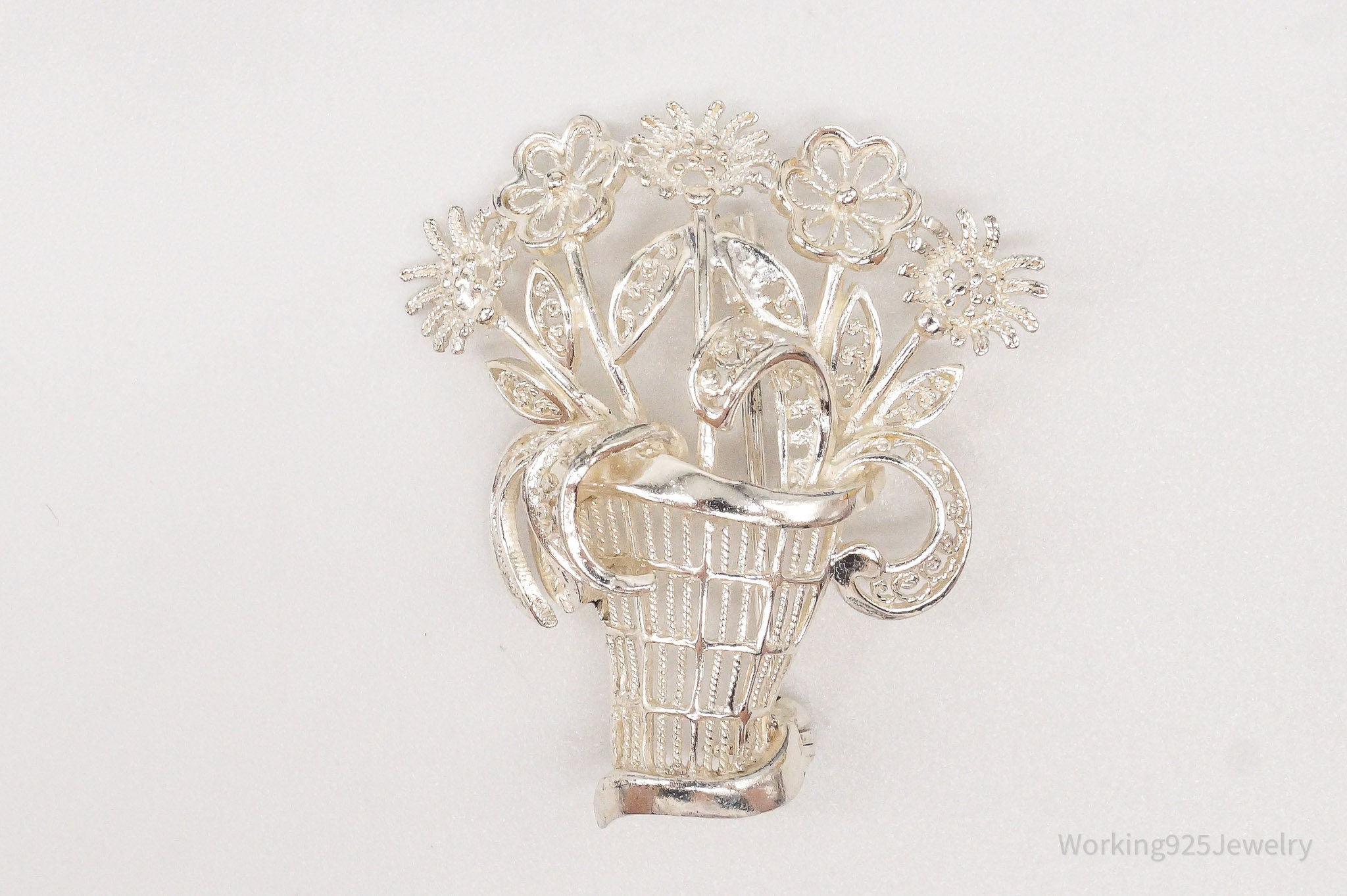 Vintage Mid Century German Sterling Silver Flower Basket Brooch Pin