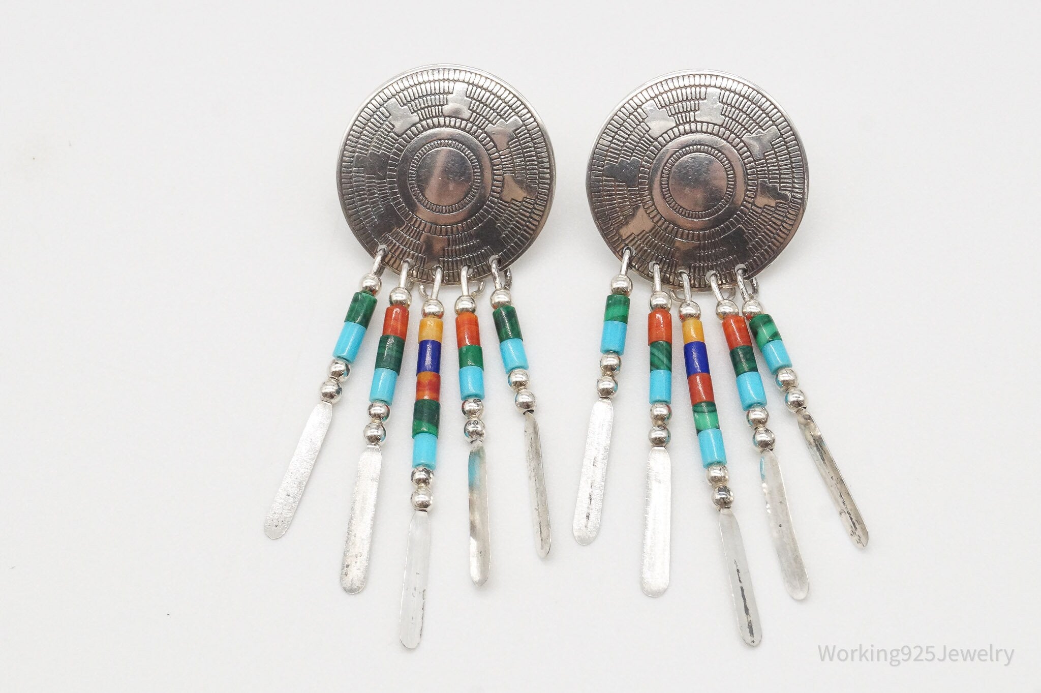 Vintage Native American Multi Gem Bead Sterling Silver Earrings