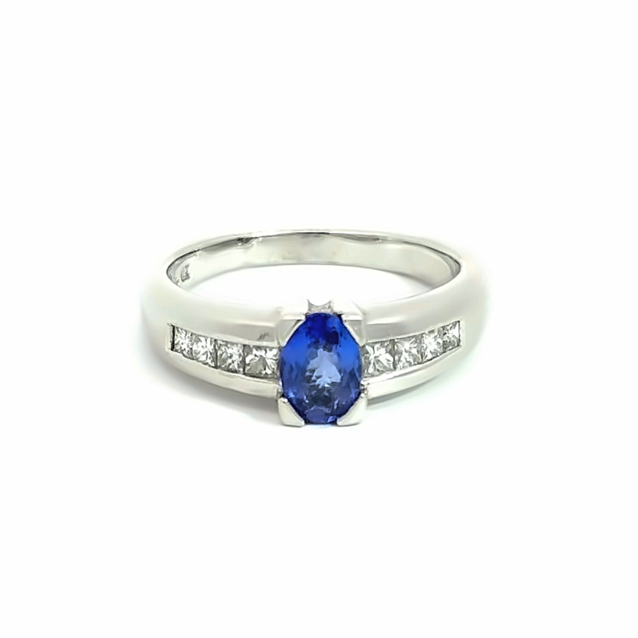 14k White Gold Natural Oval Cut Tanzanite and Princess Cut Diamond Ring