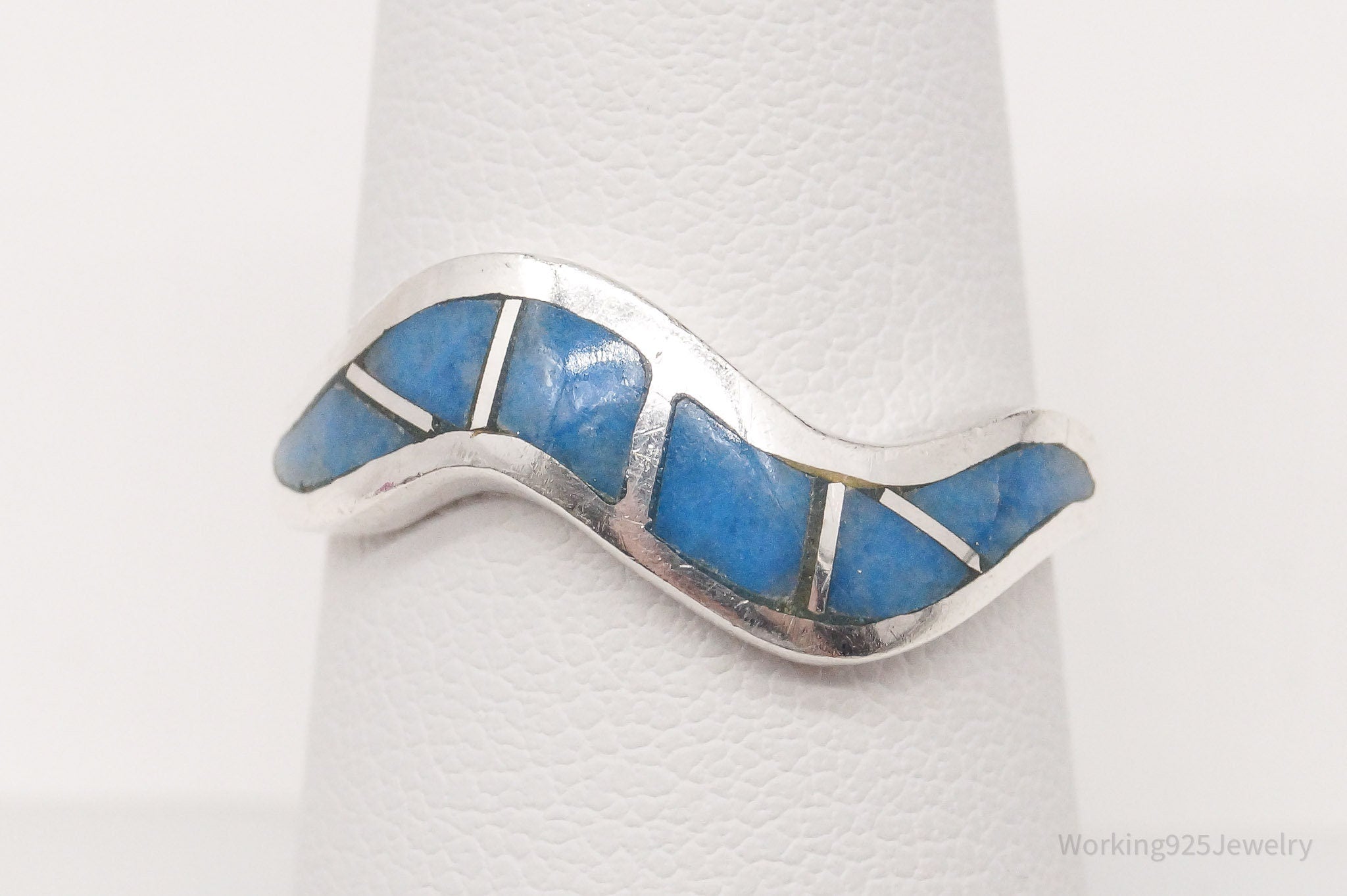 Vintage Native American Denim Lapis Lazuli Inlay Sterling Silver Ring Size 7.5