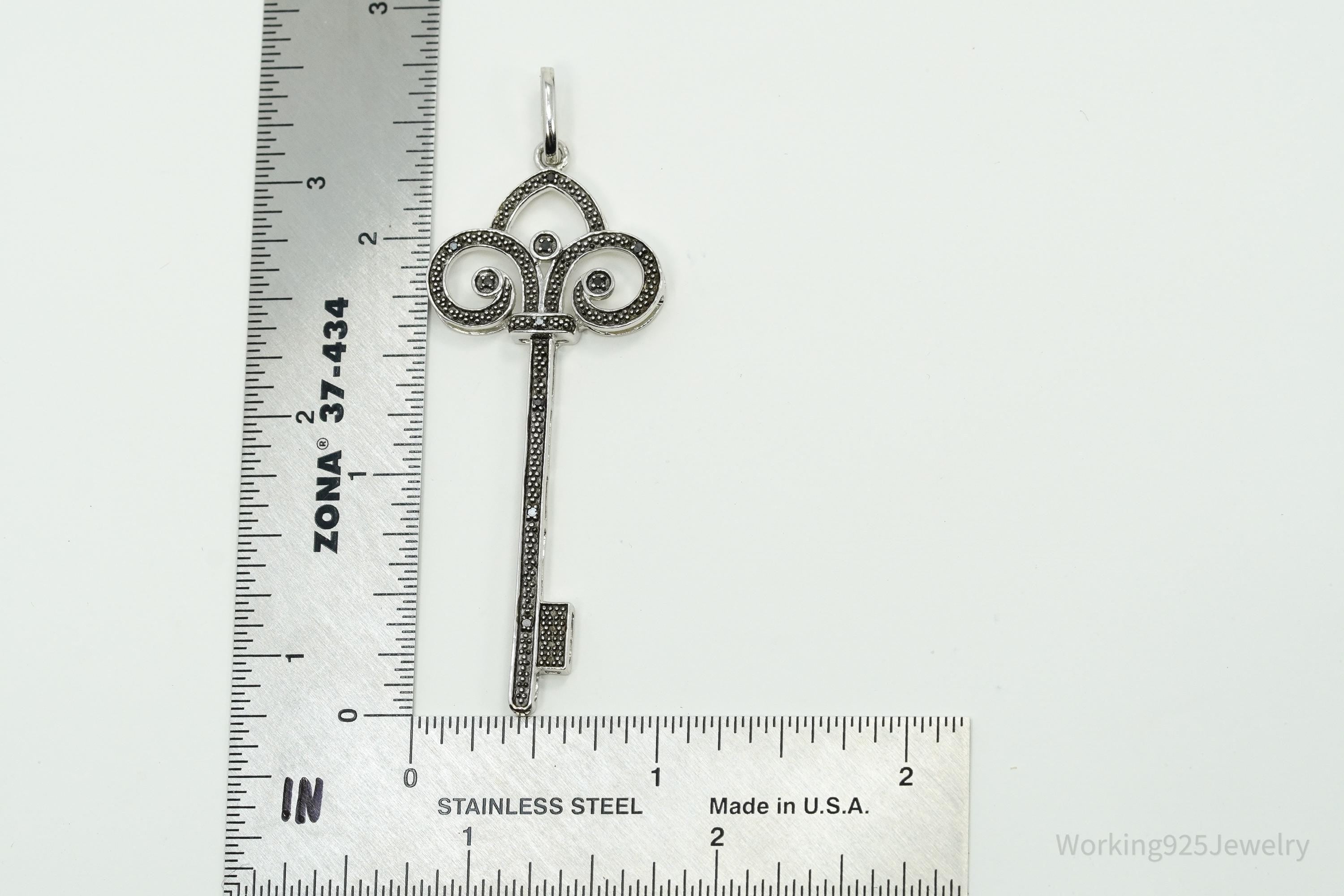Large Designer JWBR Black Diamond Skelton Key Sterling Silver Necklace Pendant