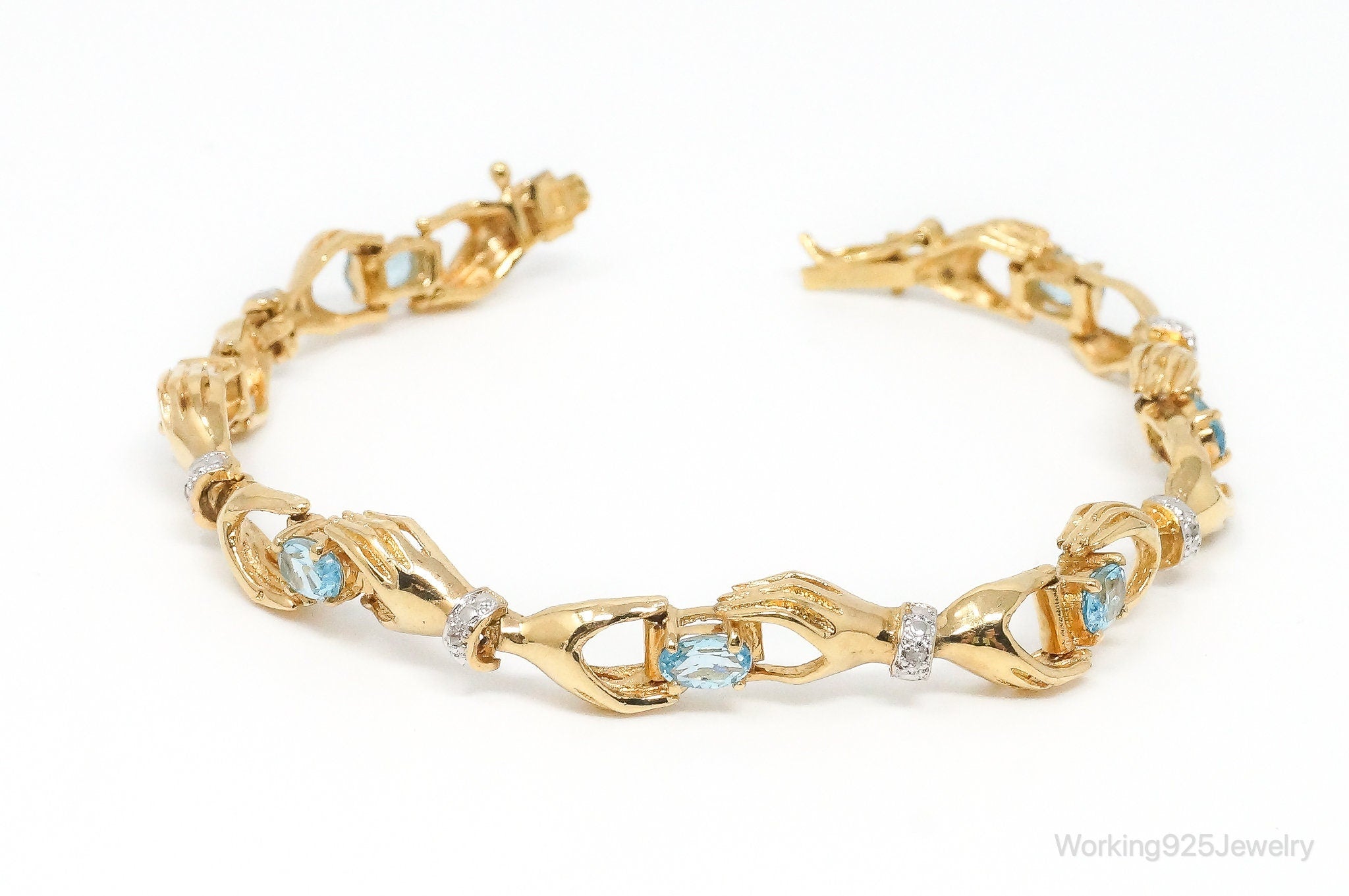 Vintage Two Hands Blue Topaz Diamond Gold Vermeil Sterling Silver Bracelet