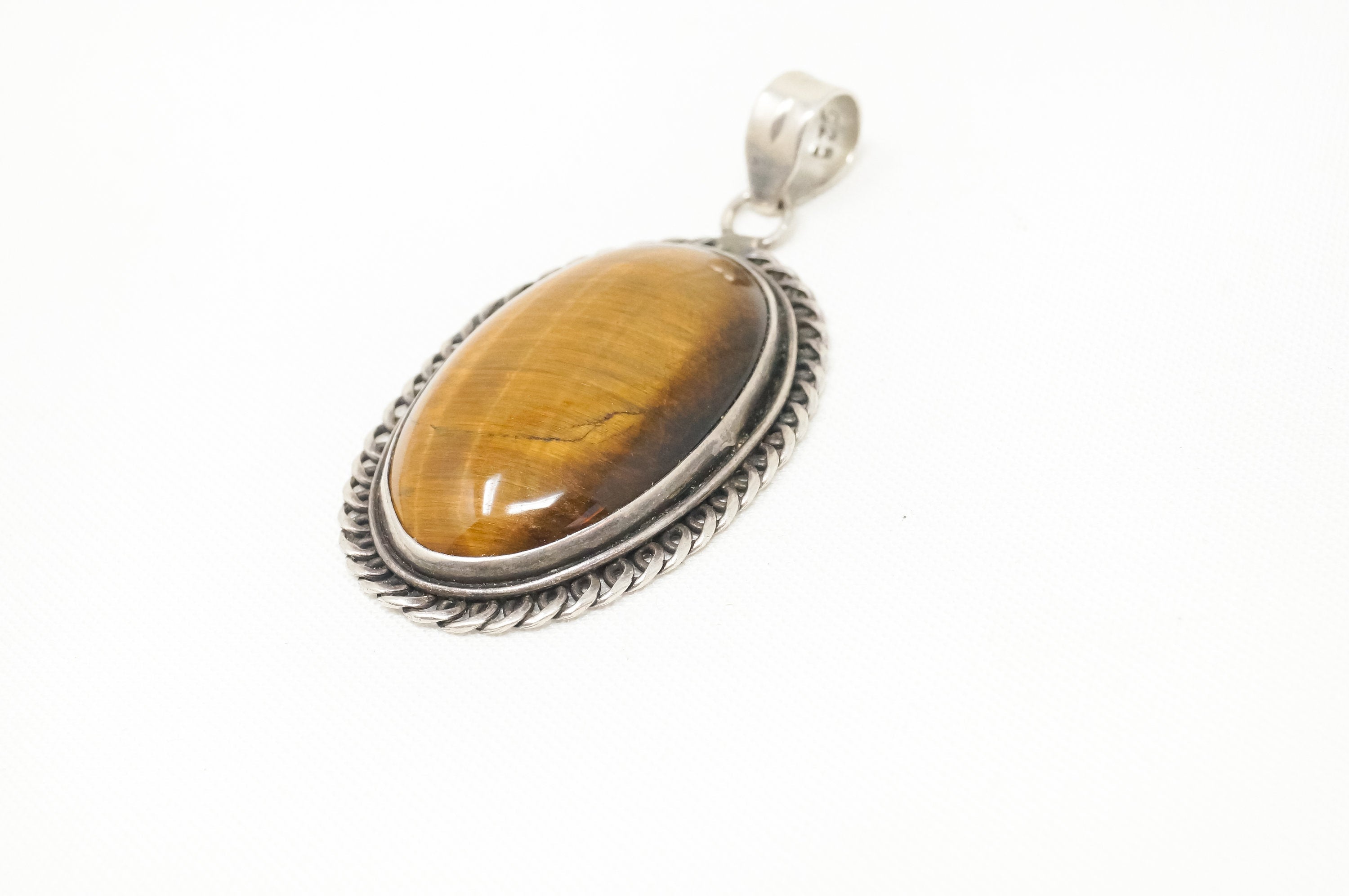 Vintage Large Southwestern Tigers Eye Sterling Silver Necklace Pendant