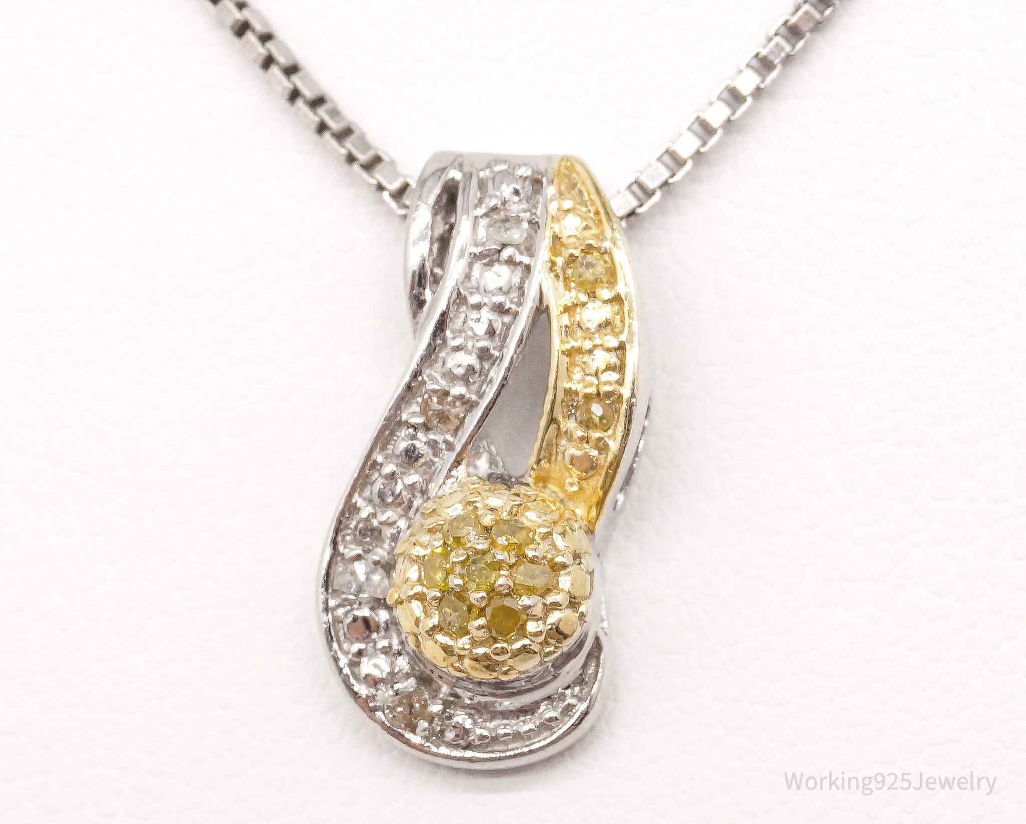 Vintage Yellow & White Diamond Gold Vermeil Sterling Silver Necklace 18"