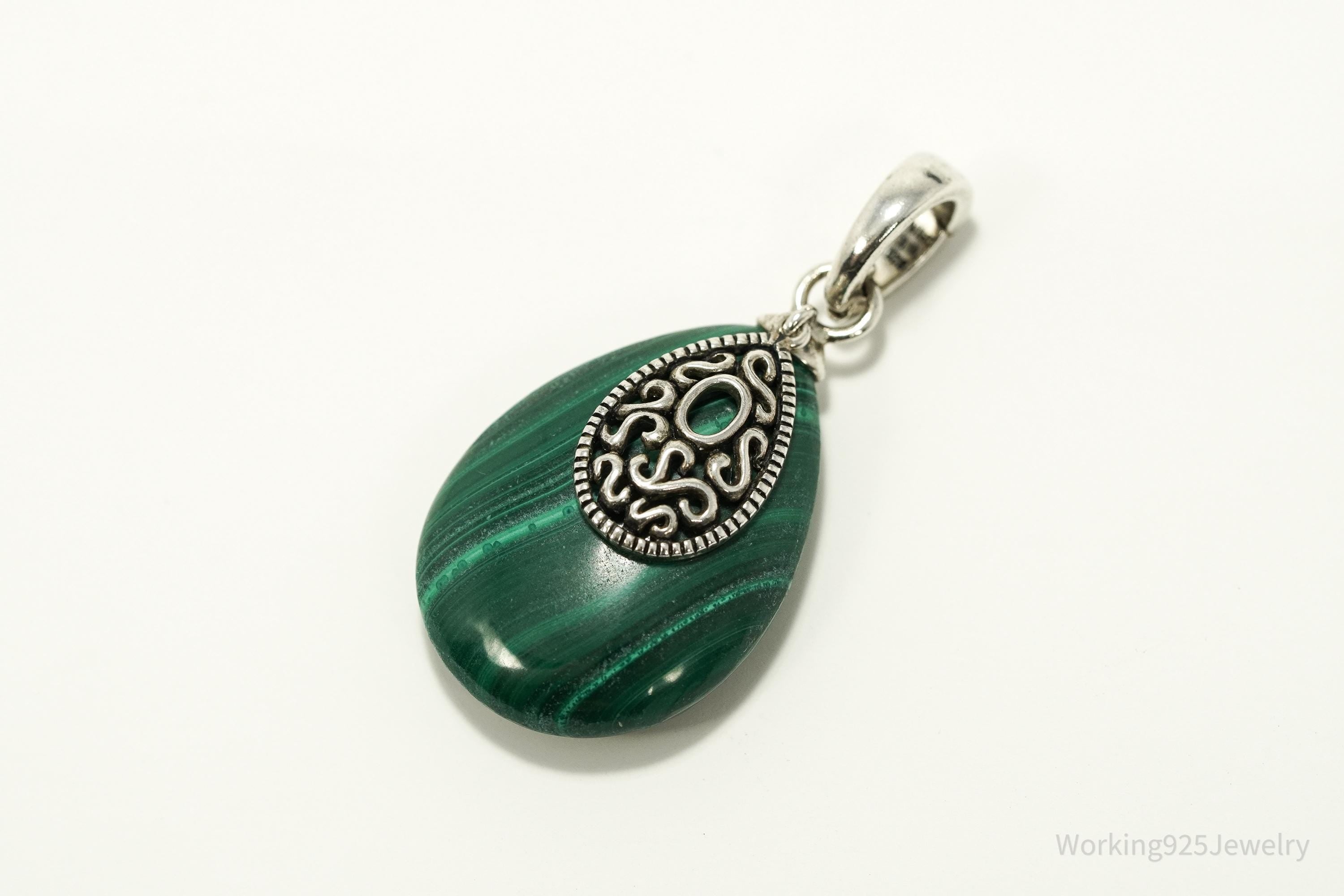 Large Whitney Kelly Teardrop Malachite Pendant • Vintage Sterling Silver Jewelry