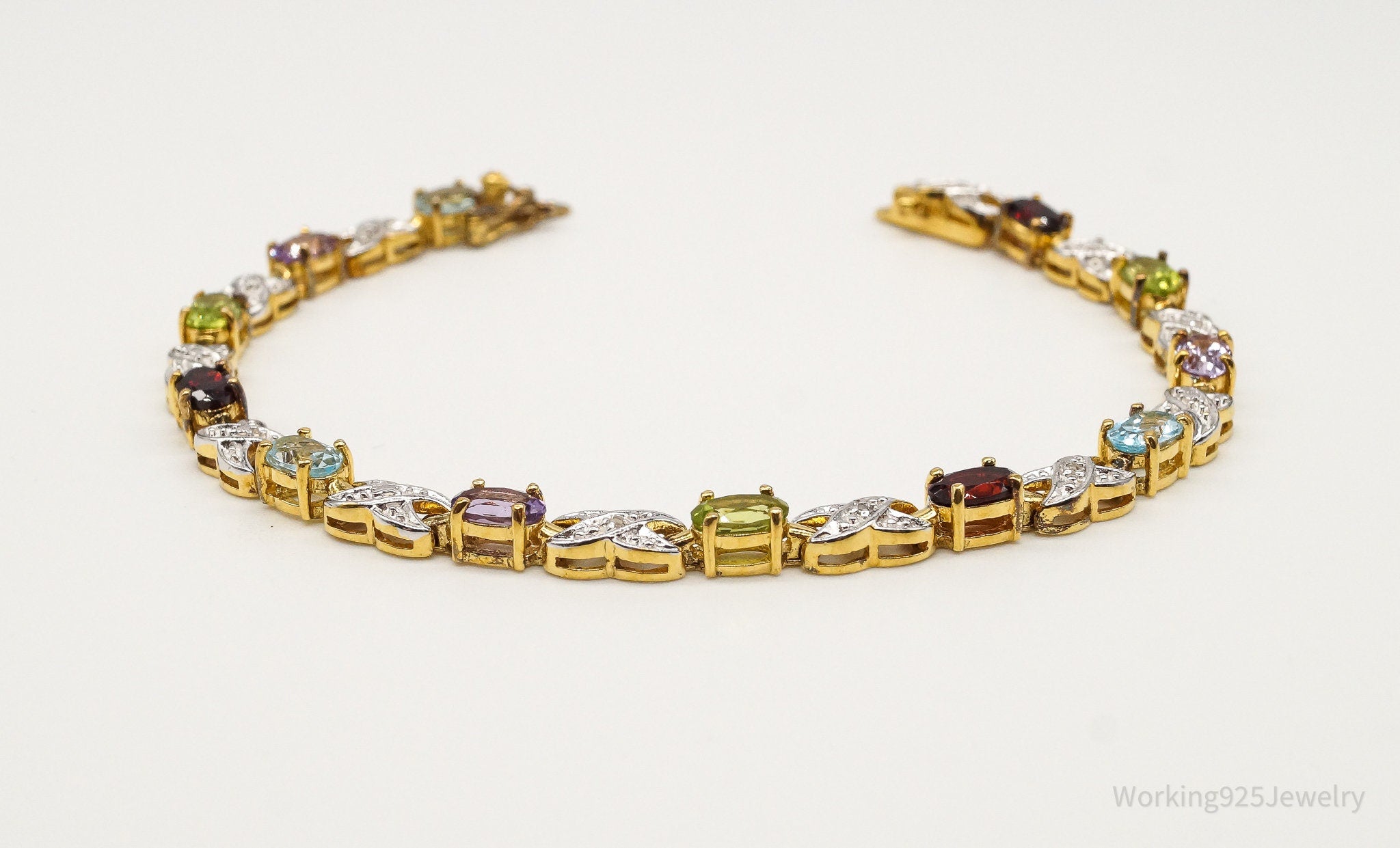 Vintage Multiple Gemstone Three Diamond Gold Over Sterling Silver Bracelet