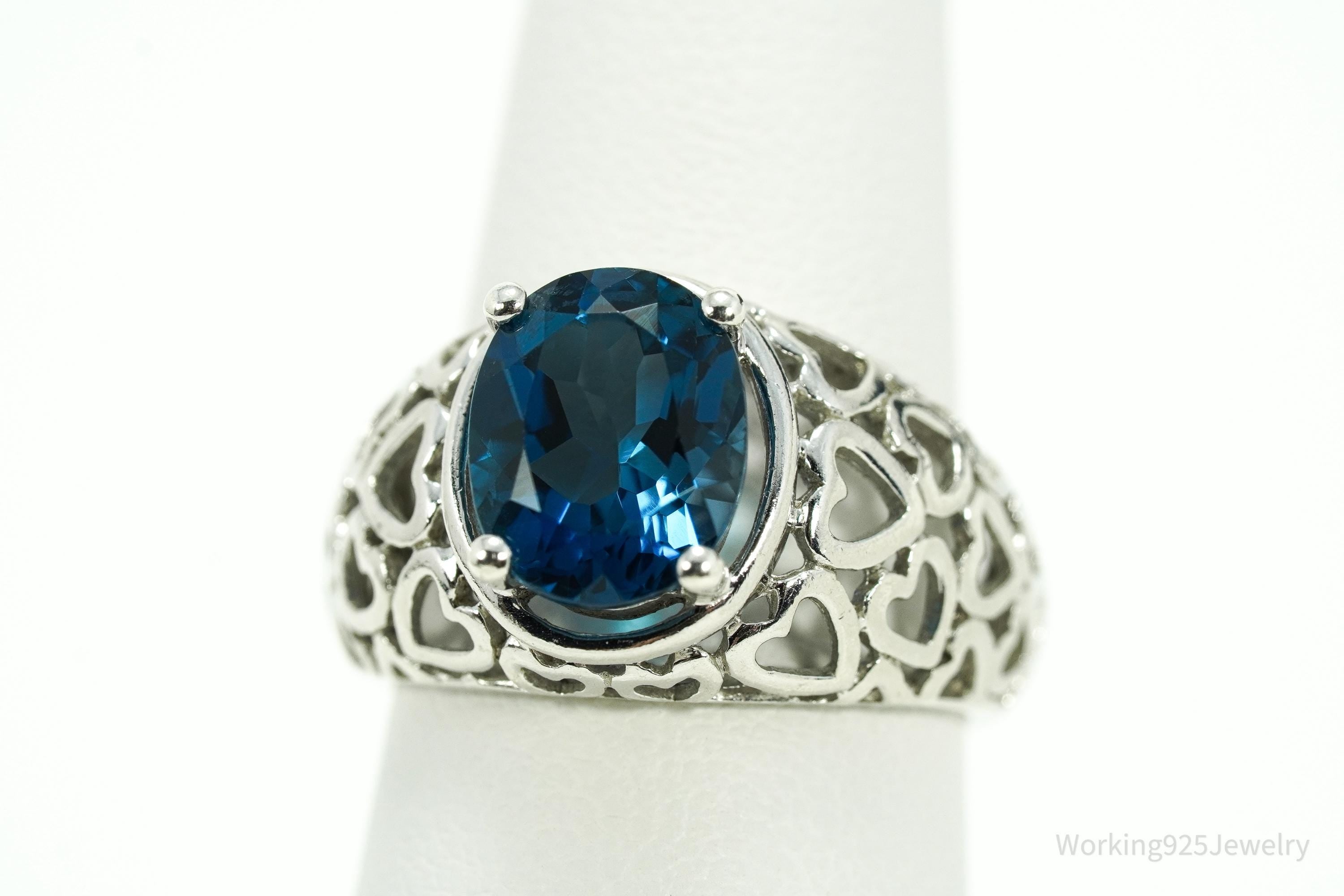 Vintage London Blue Topaz & Hearts Pattern Sterling Silver Ring - Size 6