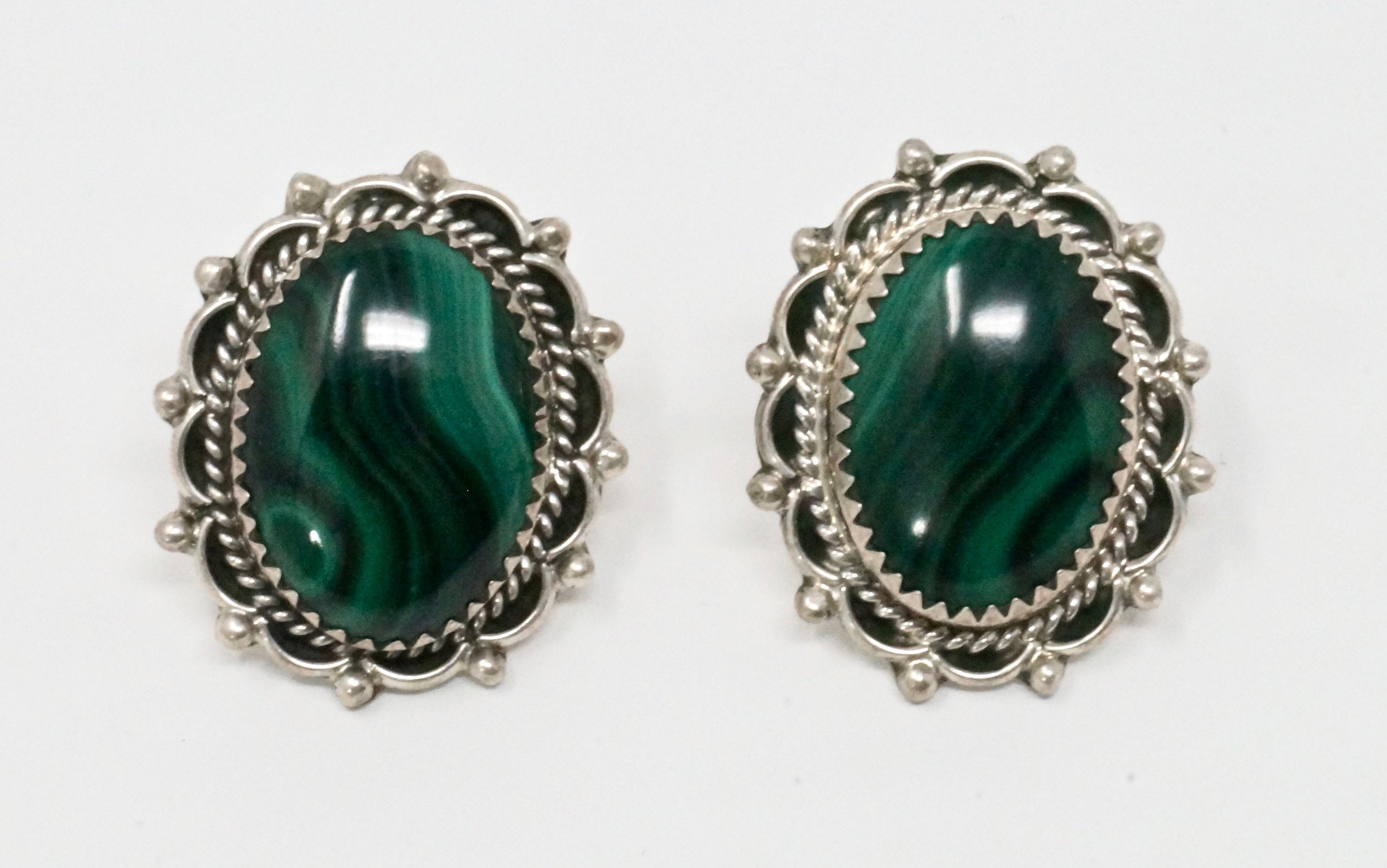 Vintage Native American Signed QQ Malachite Rope Post Sterling Silver Earrings