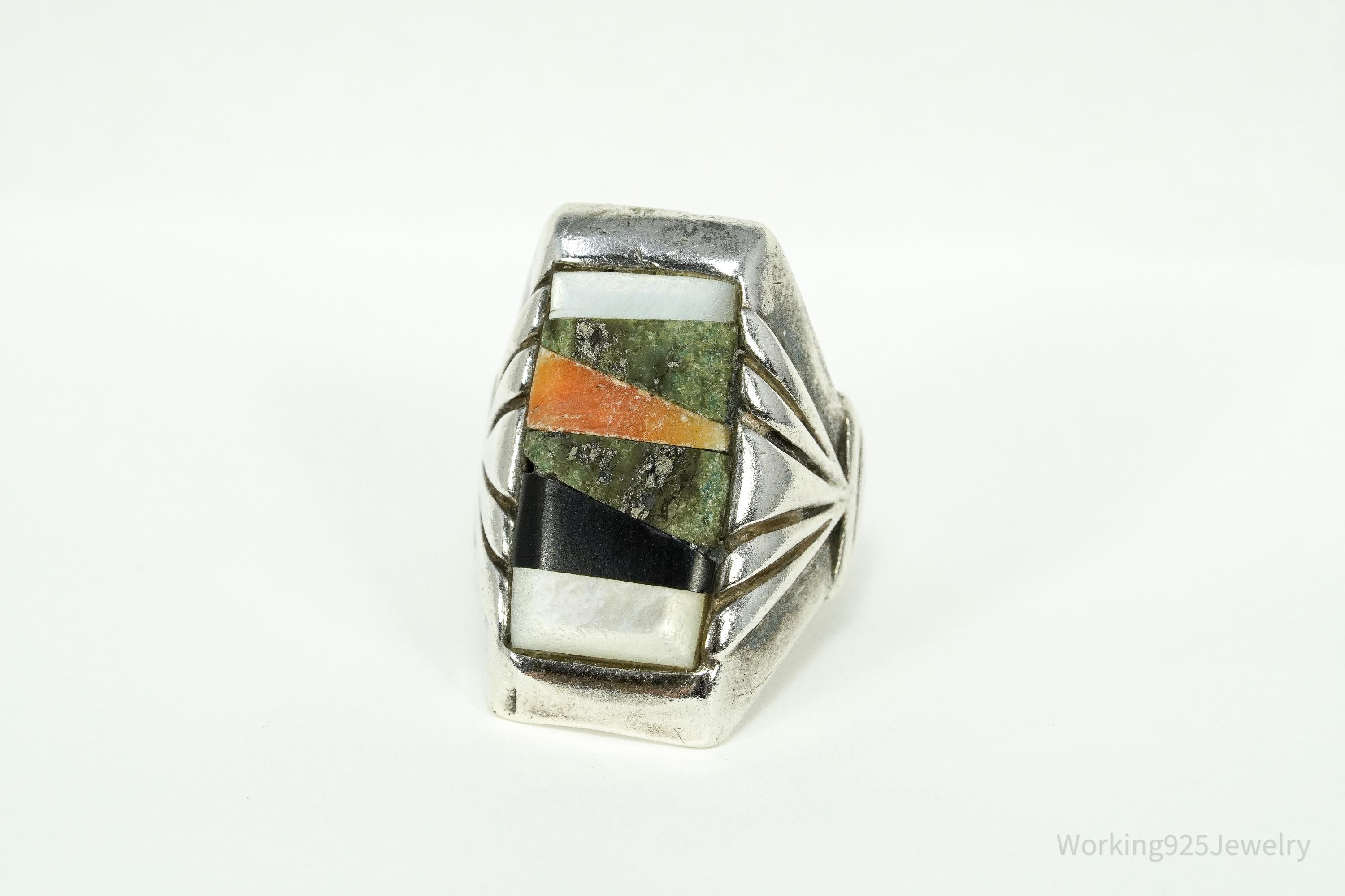 Vintage Handmade Native American Multi Gem Inlay Silver Ring - Size 8.5