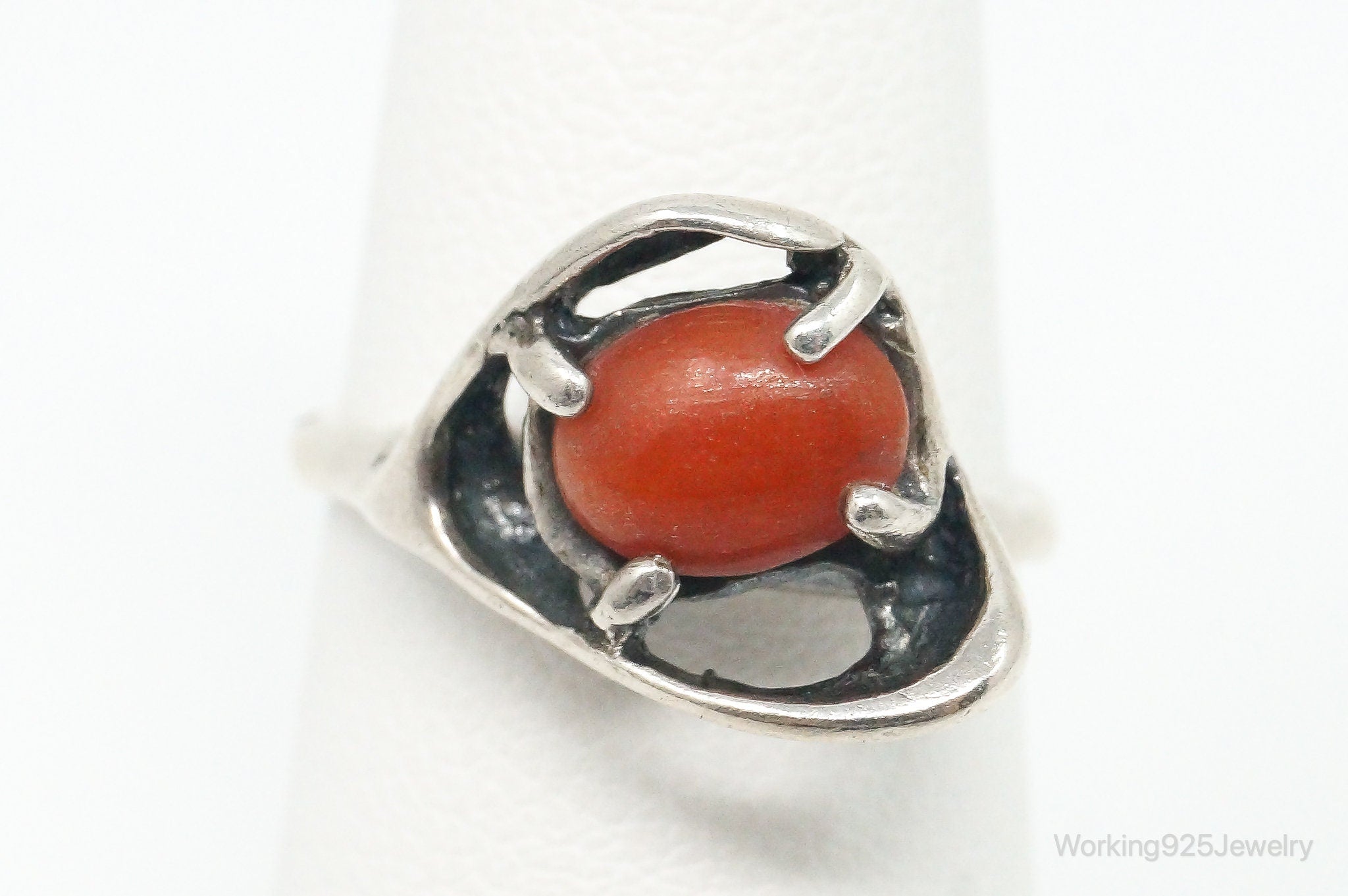 Vintage Native American Unsigned Coral Sterling Silver Ring - Size 6