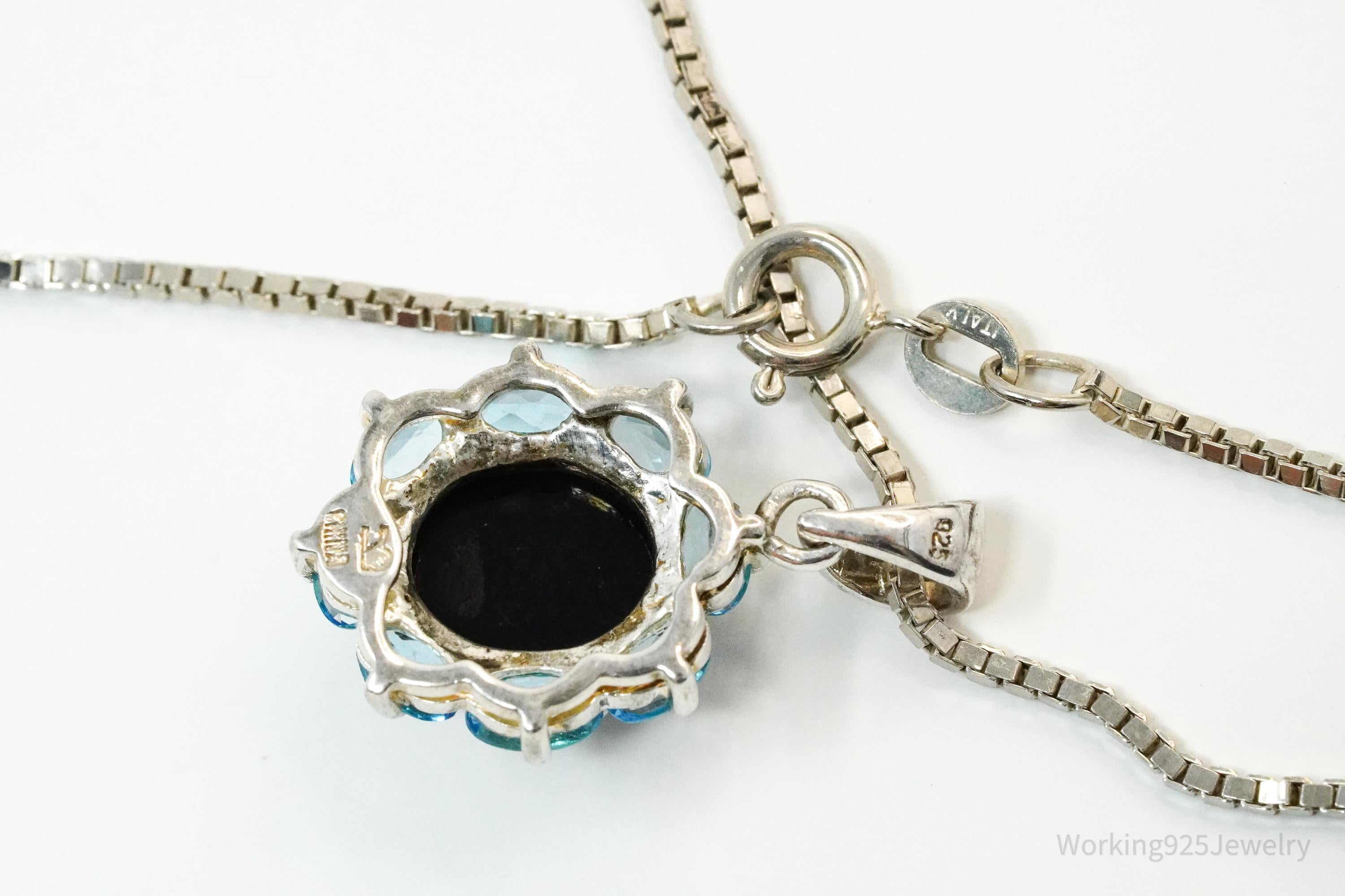 Vintage Opal & Blue Topaz Flower Sterling Silver Necklace 16"