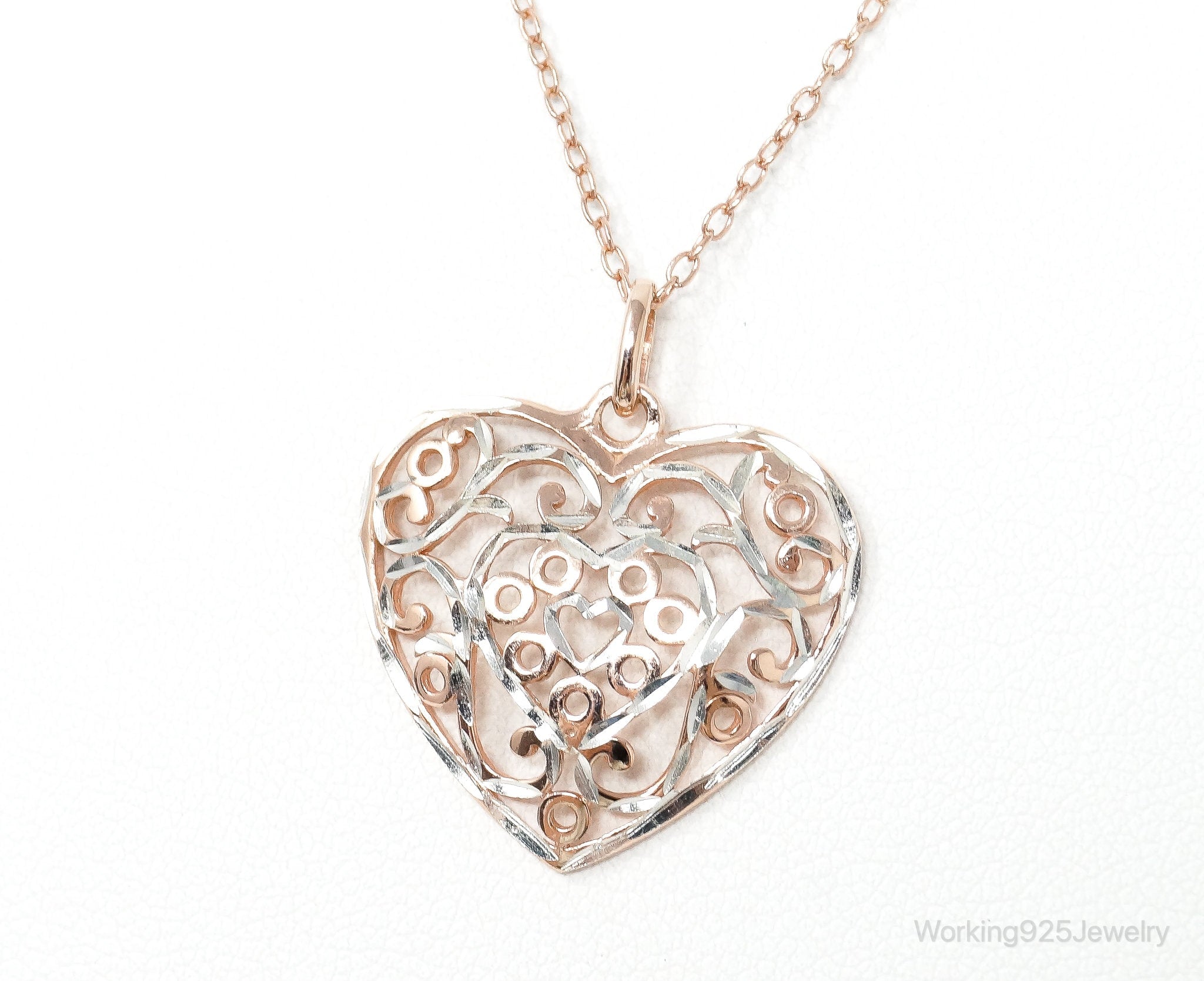 Vintage Rose Gold Vermeil Heart Sterling Silver Necklace - 18 Inch Chain