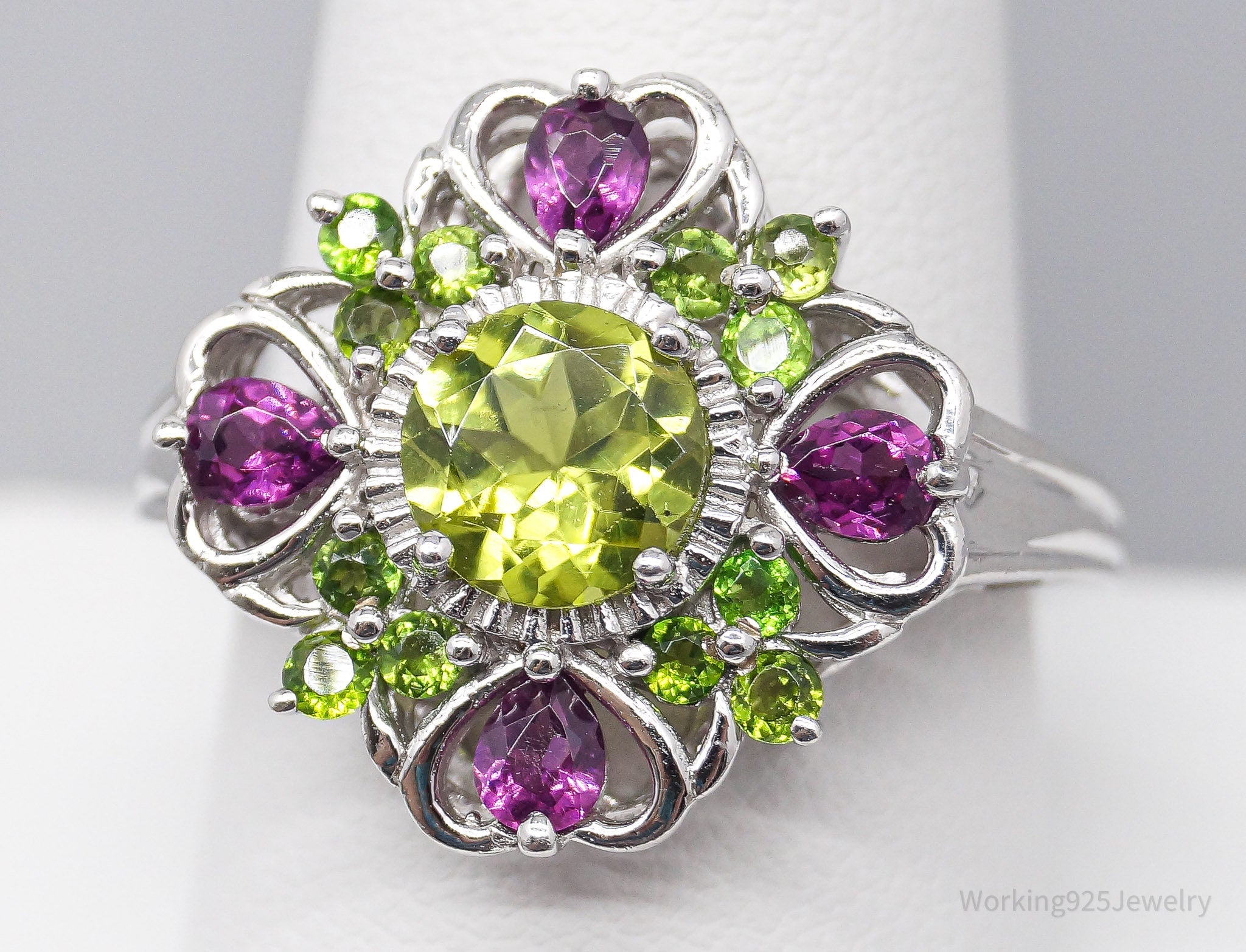 SGL Peridot & Pink Tourmaline Sterling Silver Ring - Size 9.75