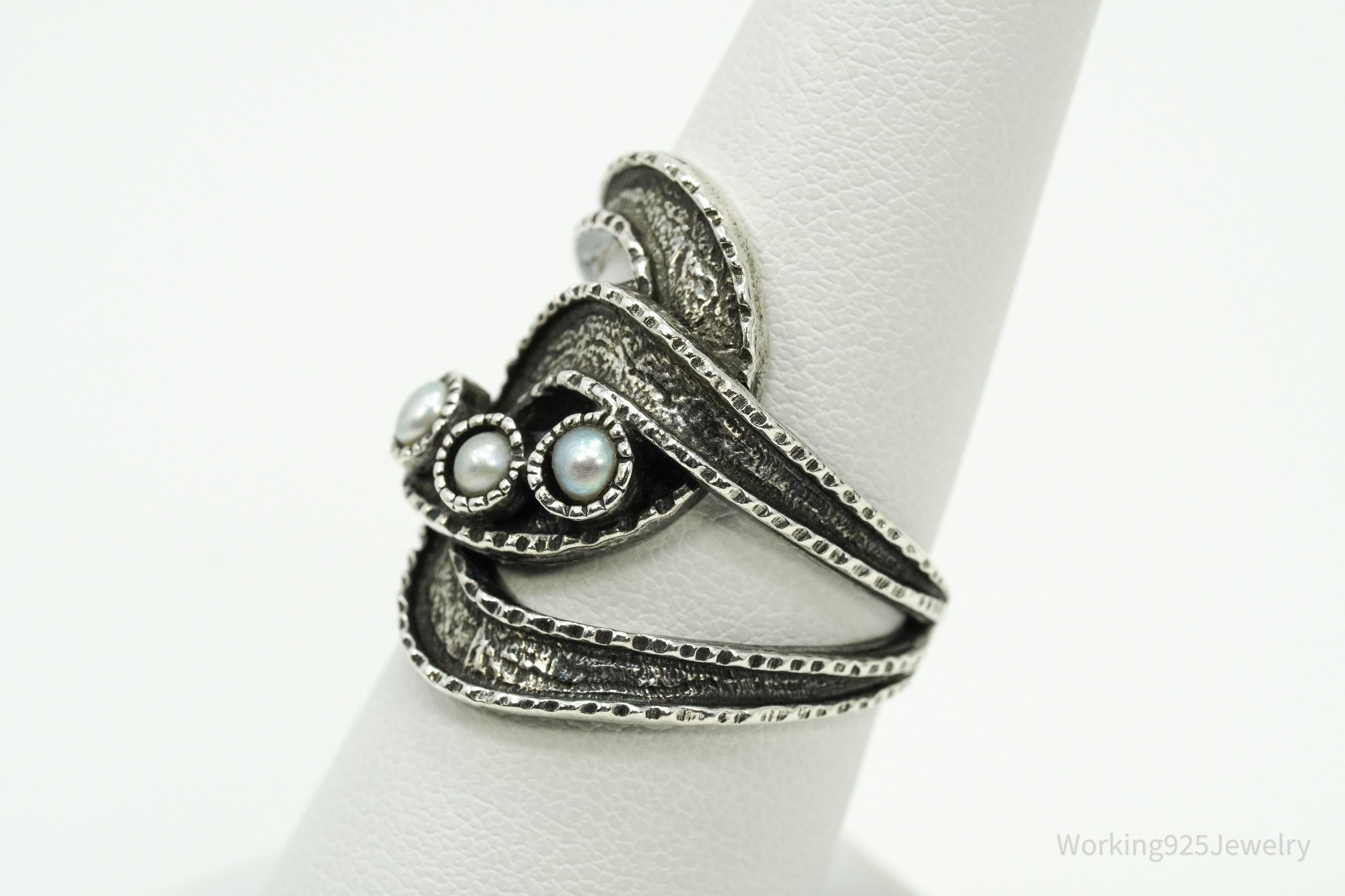 Vintage Pearls Modernist Style Sterling Silver Ring - Size 7.25