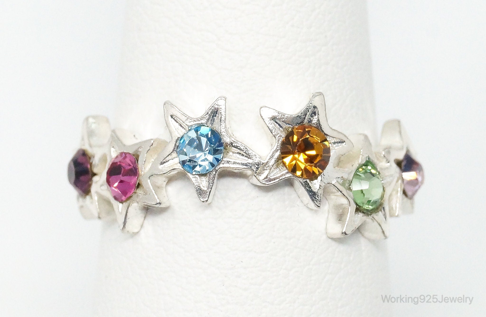 Vintage Multi Color Crystals Stars Sterling Silver Ring - Size 7.25