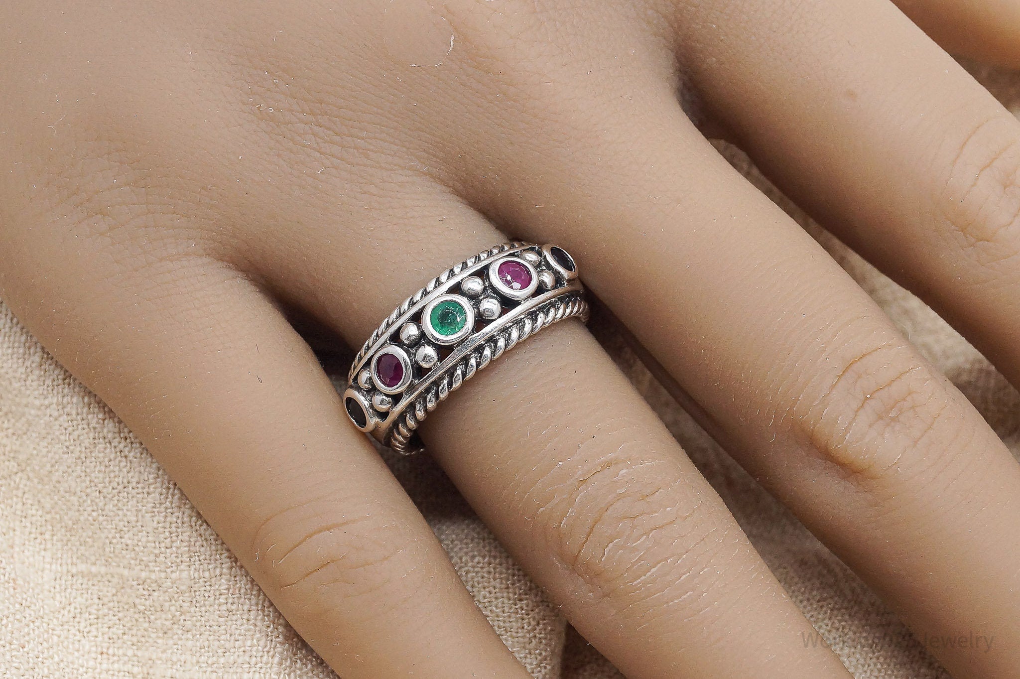 Vintage Ruby Emerald Sapphire Sterling Silver Ring - Size 7.75