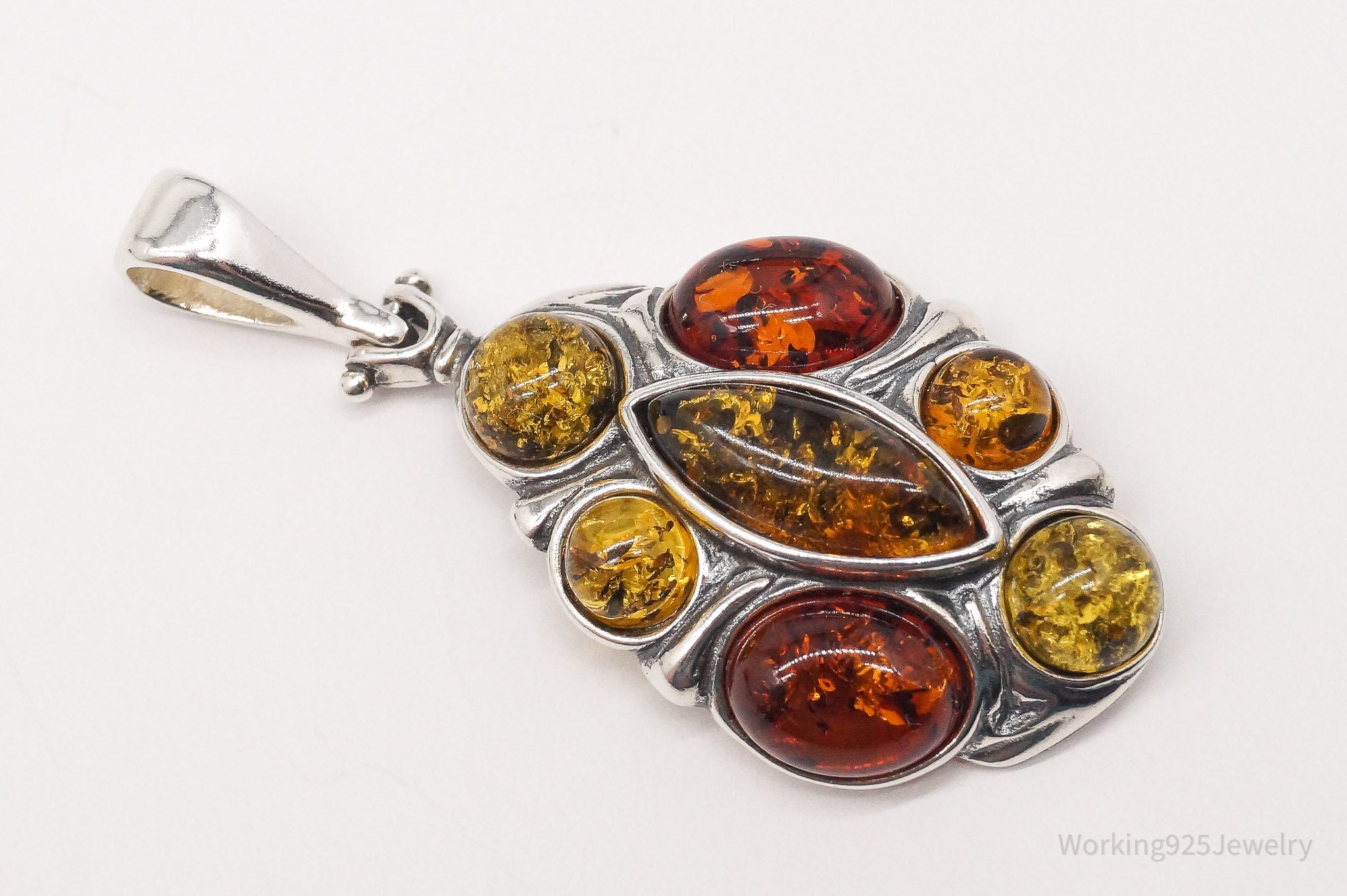 Large Vintage Multi Type Amber Sterling Silver Necklace Pendant