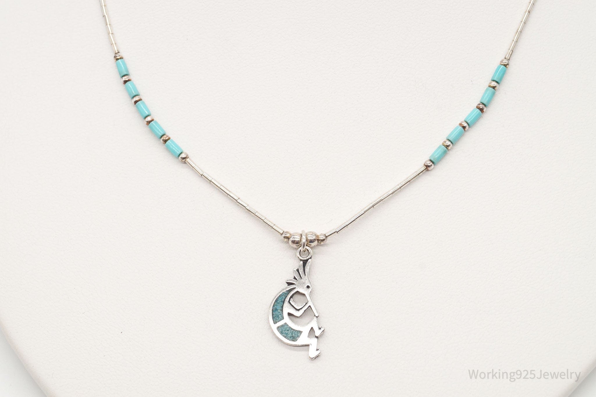 Vintage Native America Turquoise Dancing Kokopelli Sterling Silver Necklace