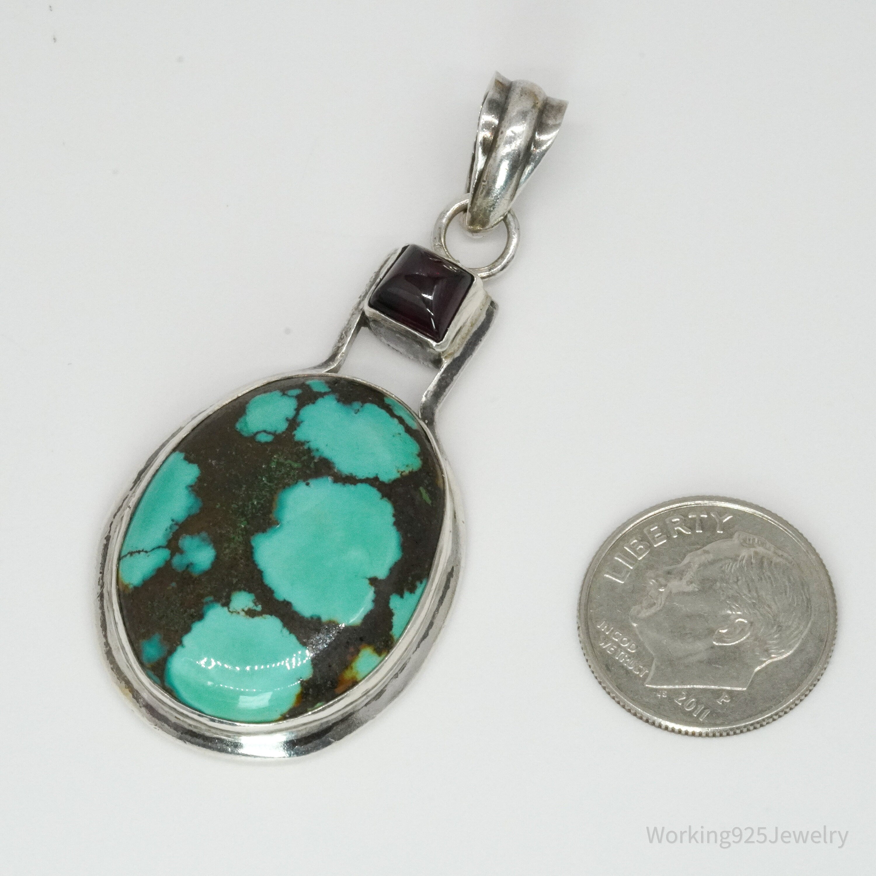 Vintage Turquoise & Rhodolite Garnet Sterling Silver Pendant