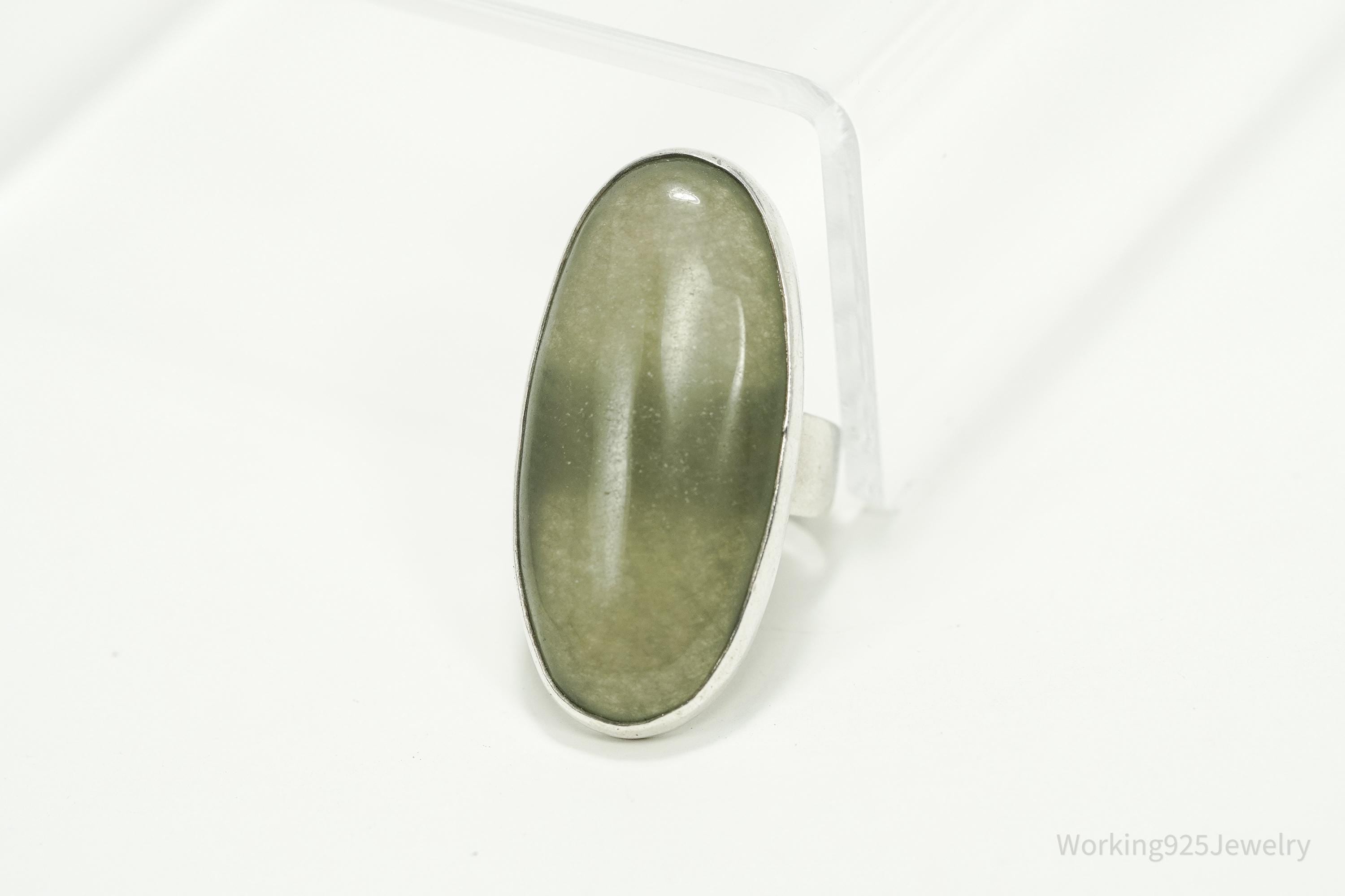 Vintage Large Green Stone Sterling Silver Ring - Size 7