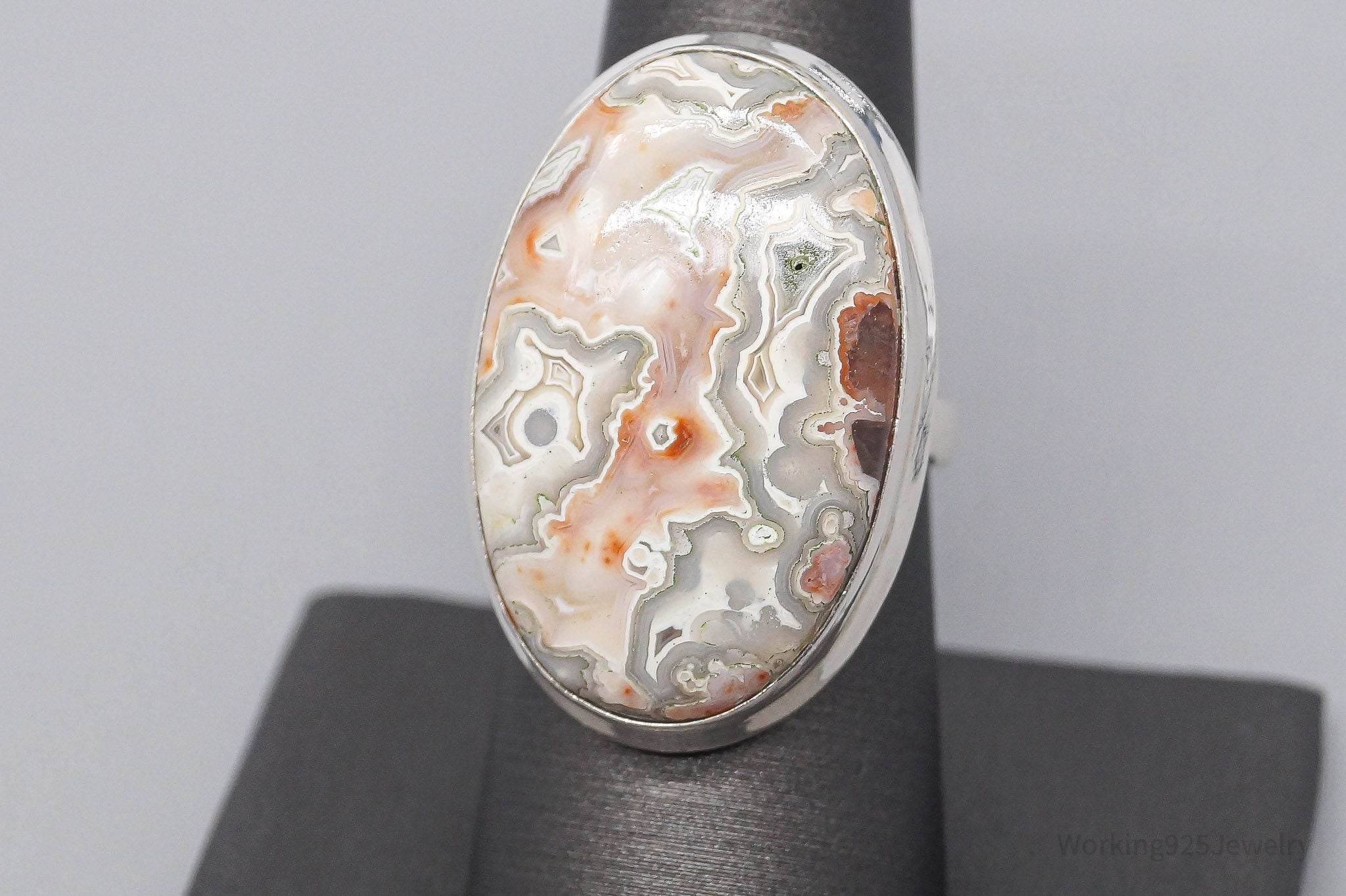 Vintage Large Crazy Lace Agate Sterling Silver Ring - Size 7.75