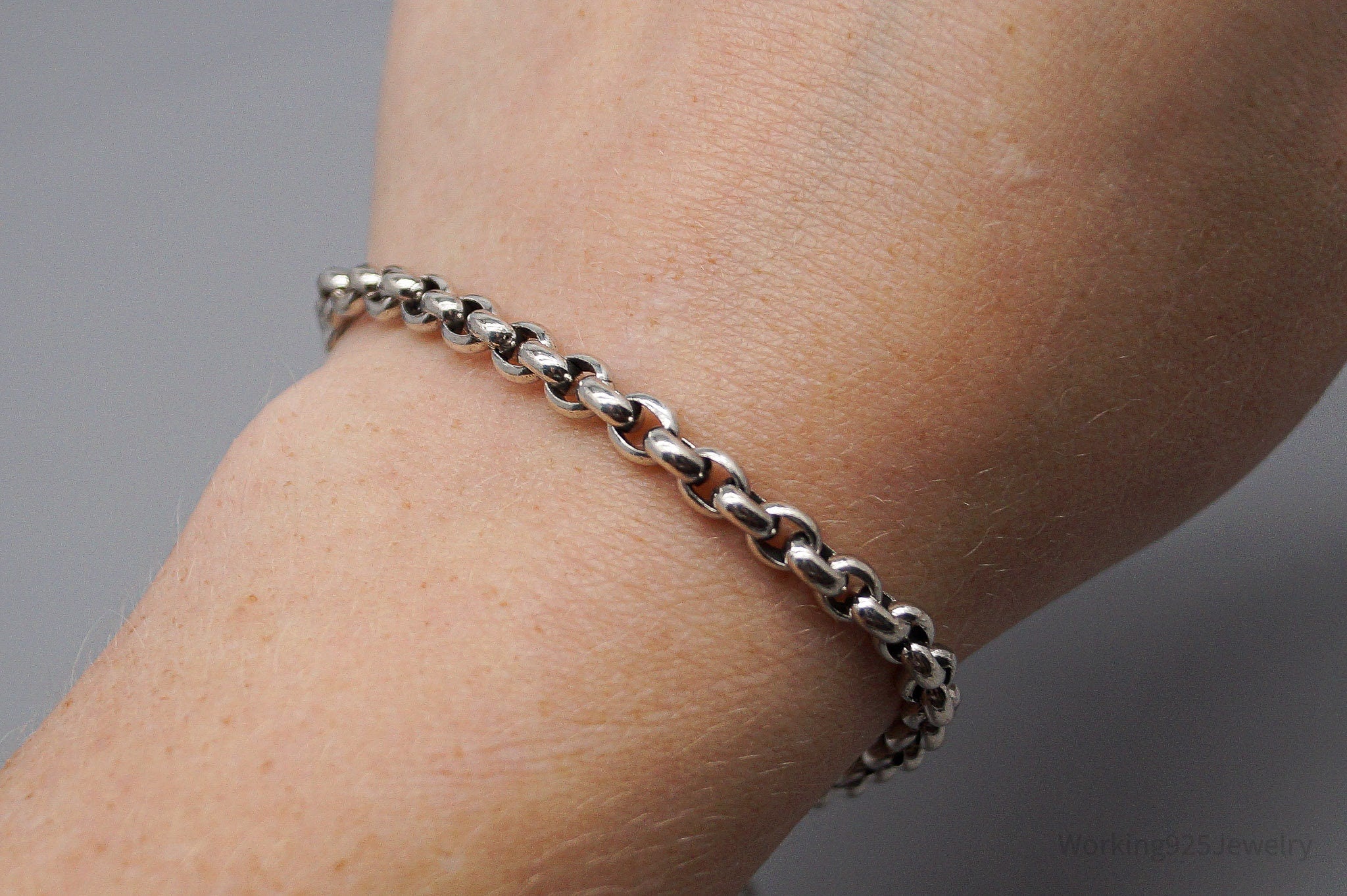 Vintage Designer Cursive E Sterling Silver Chain Bracelet - 7 5/8"