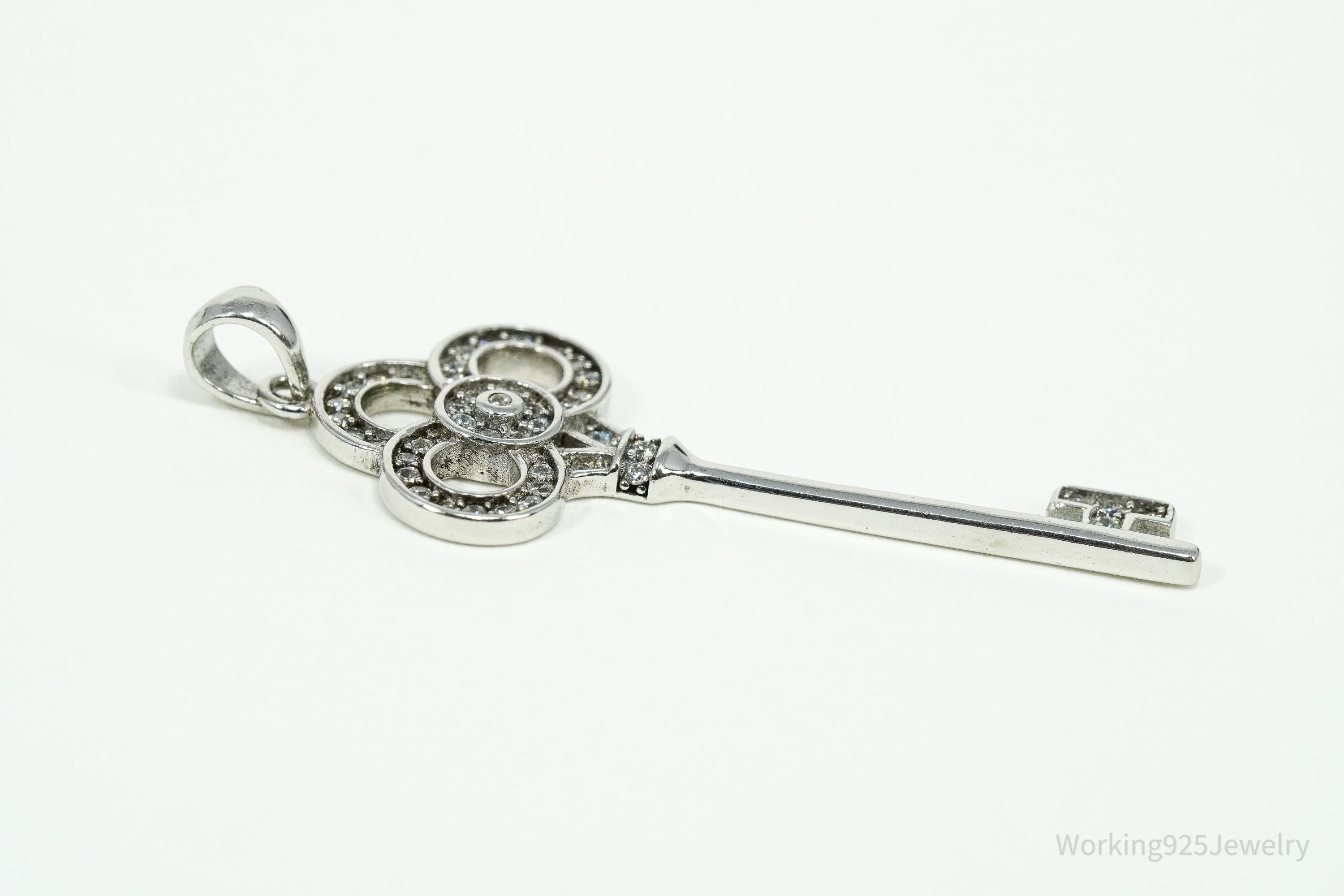 Vintage Cubic Zirconia Sterling Silver Key Pendant 1 11/16"