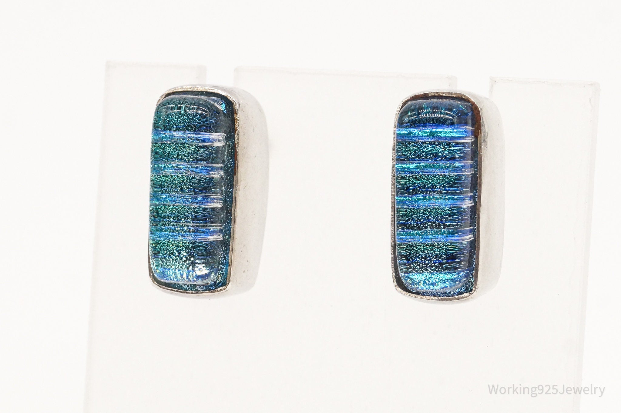 Vintage Modernist Blue Dichroic Glass Sterling Silver Earrings