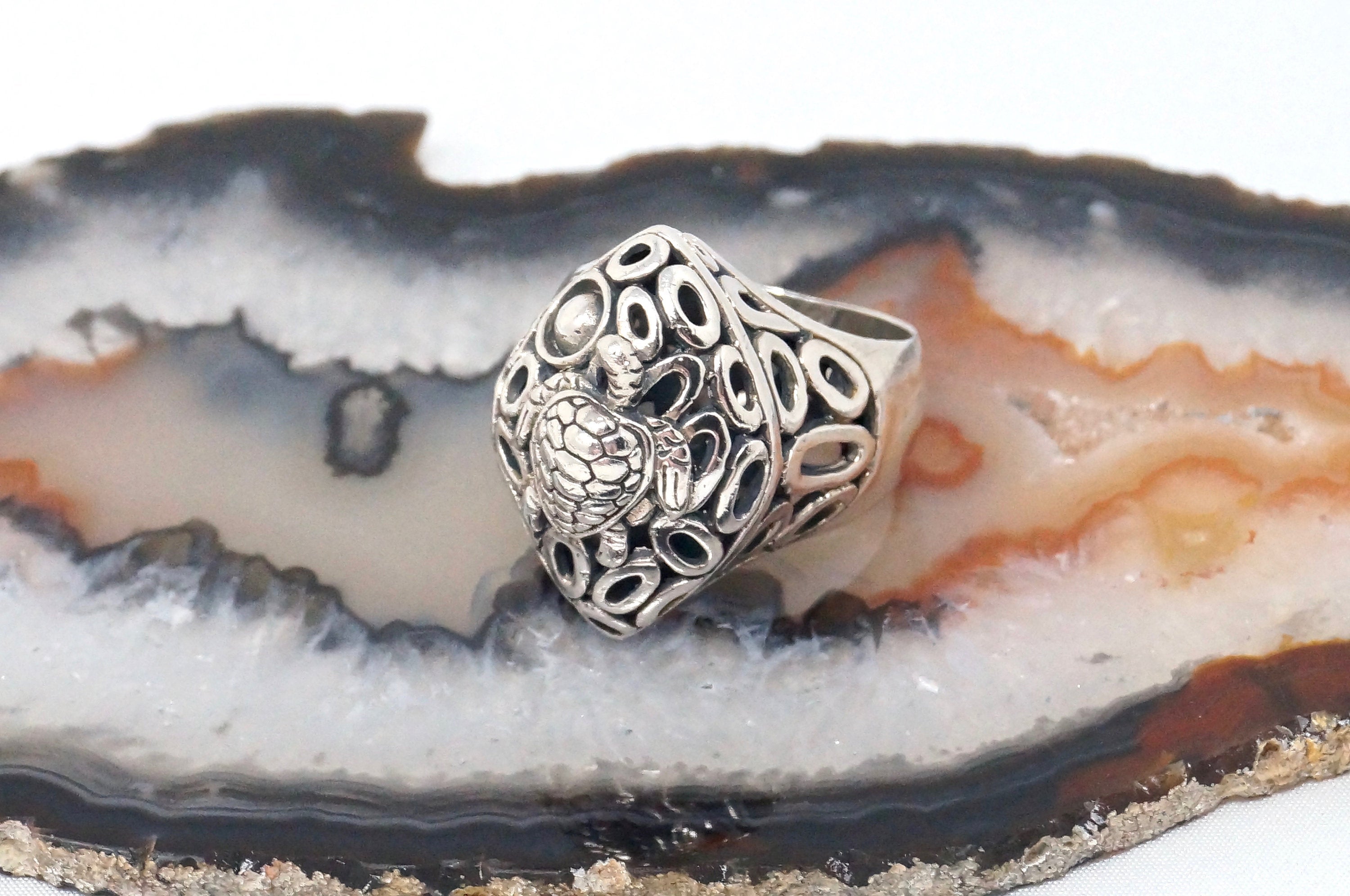 Vintage Designer KL Large Sea Turtle Cut Out Sterling Silver Ring Sz 7.75